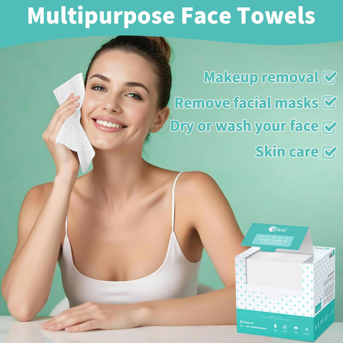 Ditoi Face Towels, 10×12 Disposable Face Towel, Face Towelettes XL, Ultra Soft Makeup Remover Dry Wipes, Thick Face Towel for Sensitive Skin, 50 Count (1 Pack)