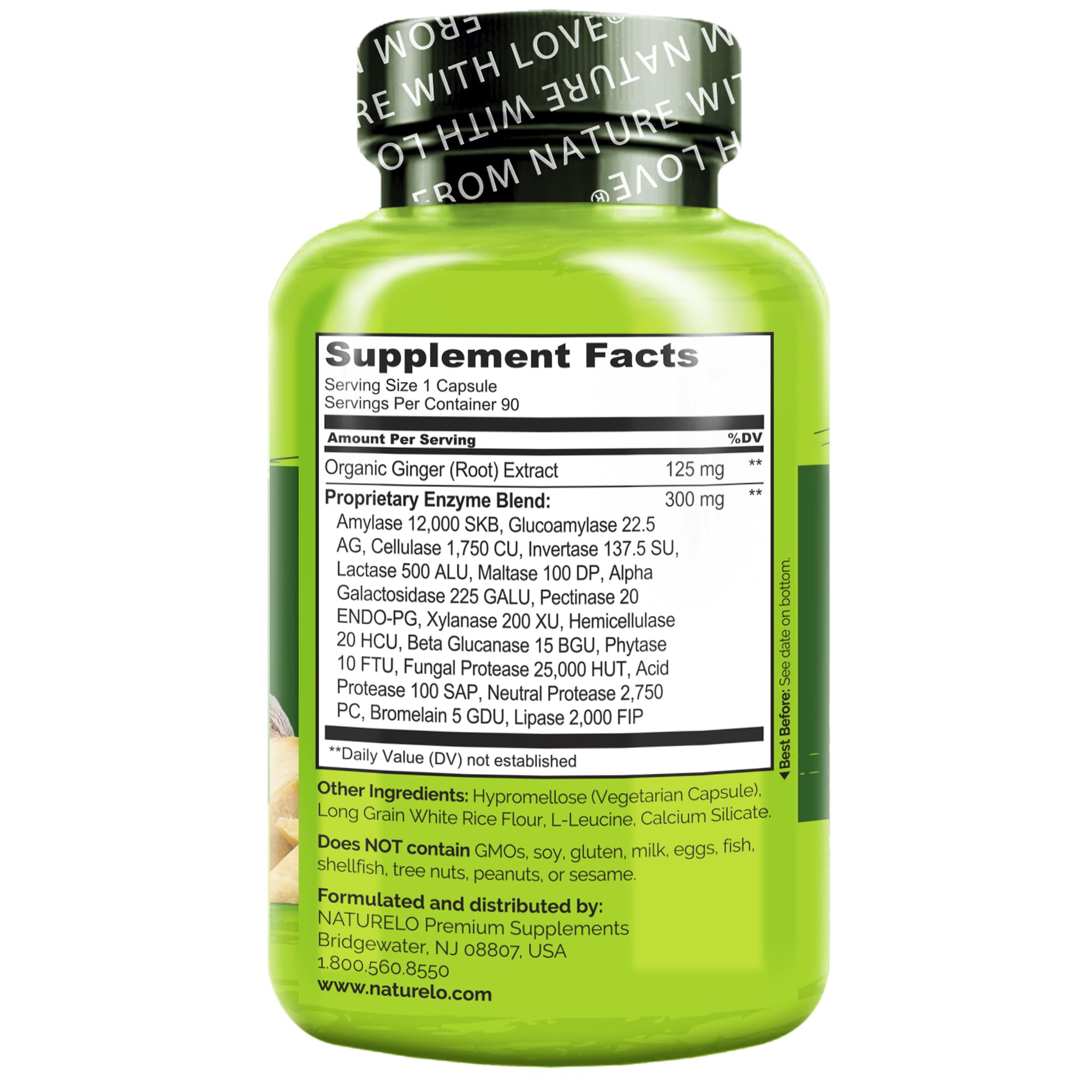 NATURELO Digestive Enzymes - Full Spectrum Support with a Broad Blend of 15 Enzymes Plus Ginger - 90 Vegan Capsules