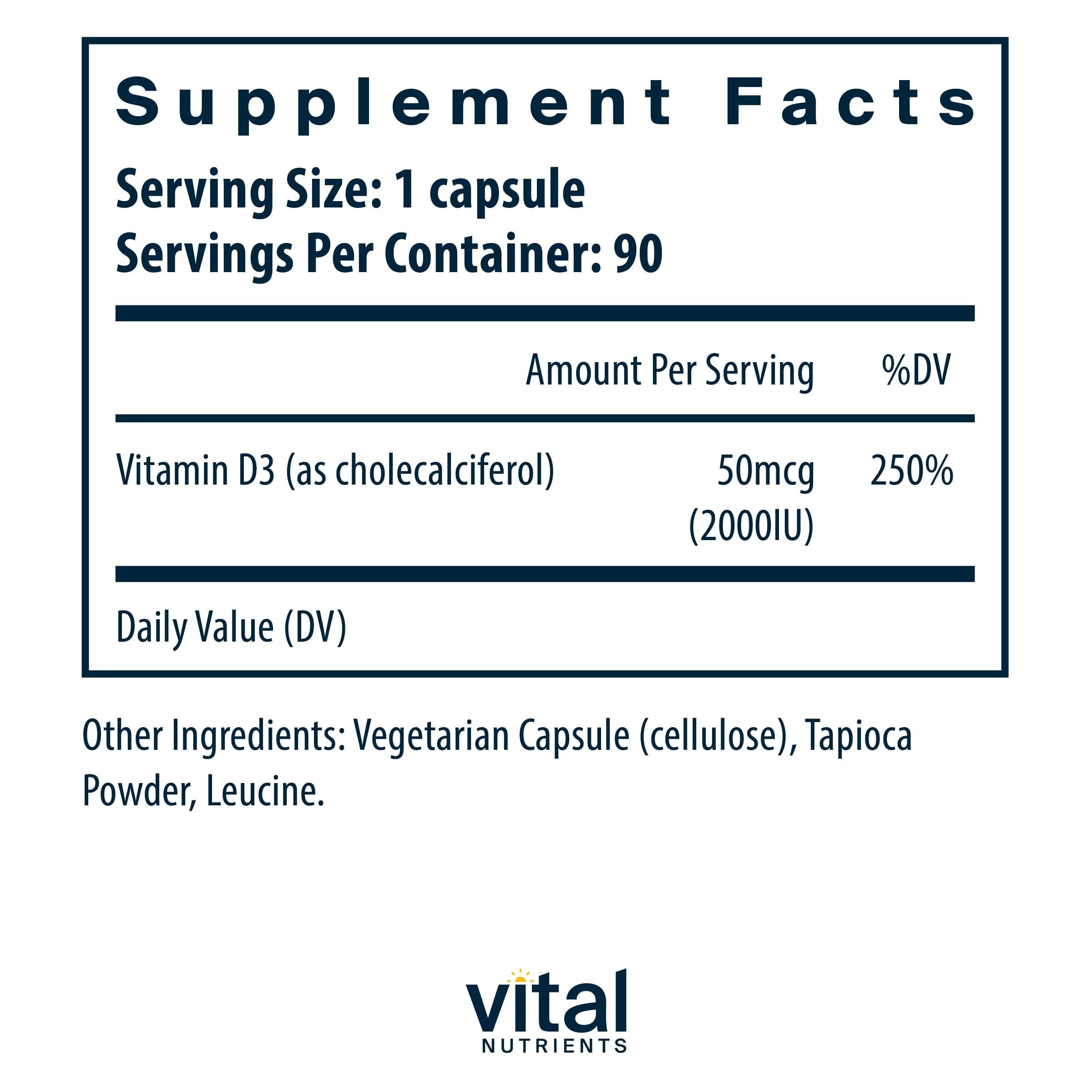 Vital Nutrients Vitamin D 2000 IU | Vitamin D3 Supplement | Healthy Bones, Teeth, Muscles*| Cellular & Immune Function | Calcium Absorption | Gluten, Dairy and Soy Free | 90 Capsules