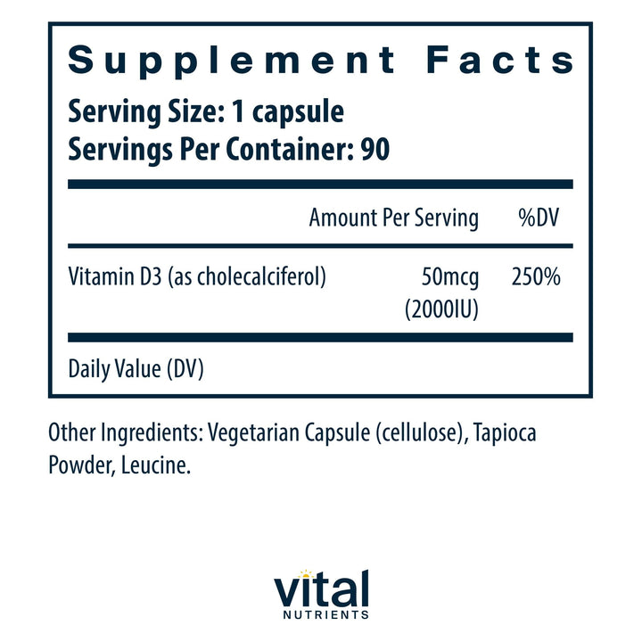 Vital Nutrients Vitamin D 2000 IU | Vitamin D3 Supplement | Healthy Bones, Teeth, Muscles*| Cellular & Immune Function | Calcium Absorption | Gluten, Dairy and Soy Free | 90 Capsules