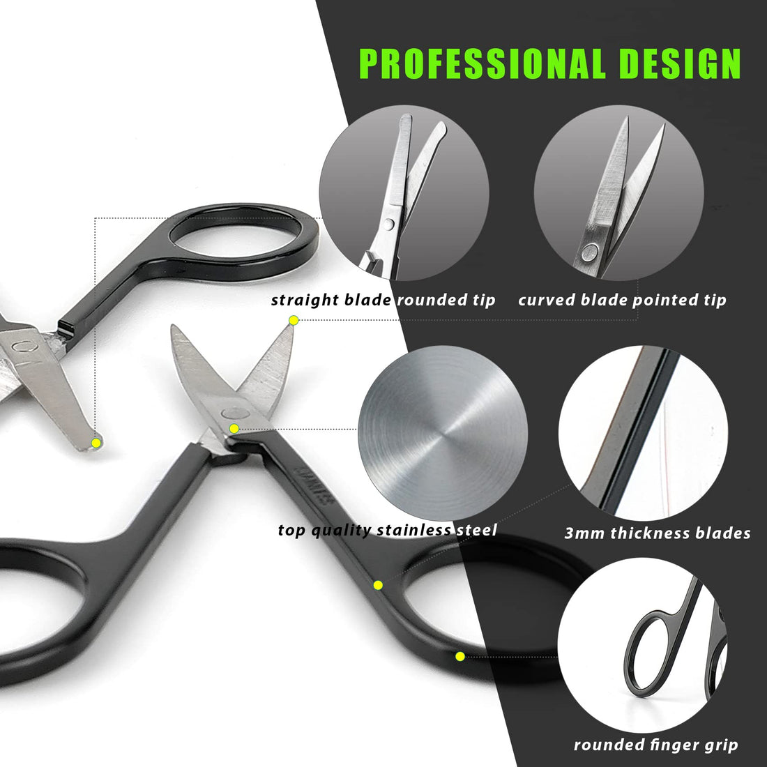 Facial Hair Small Grooming Scissors For Men Women - Eyebrow, Nose Hair, Mustache, Beard, Eyelashes, Ear Trimming Kit - Curved and Rounded Safety Tip Clippers For Hair Cutting- 2PCS Black