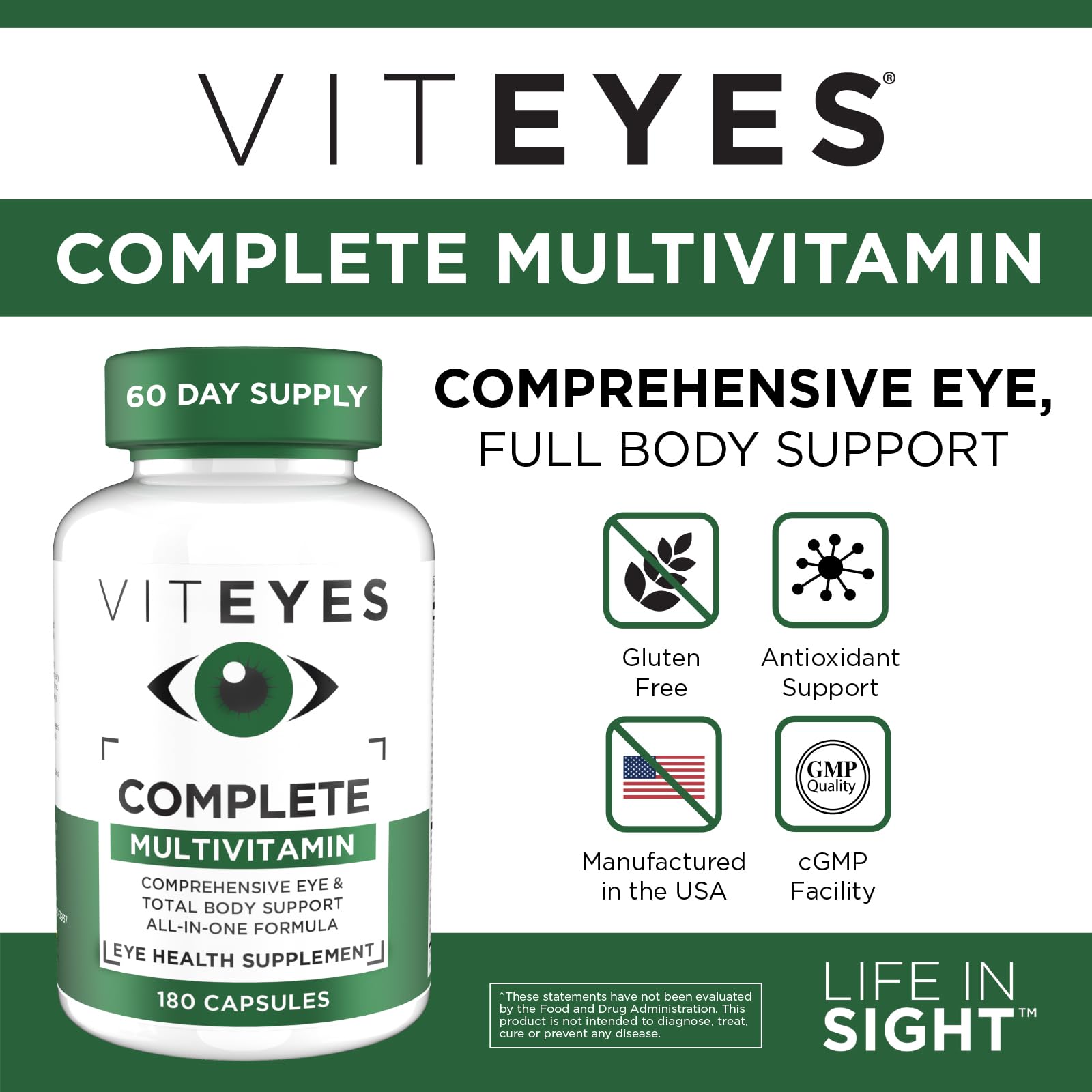 Viteyes Complete Eye & Total Body Health Multivitamin Nutritional Supplement, 180 Capsules, White