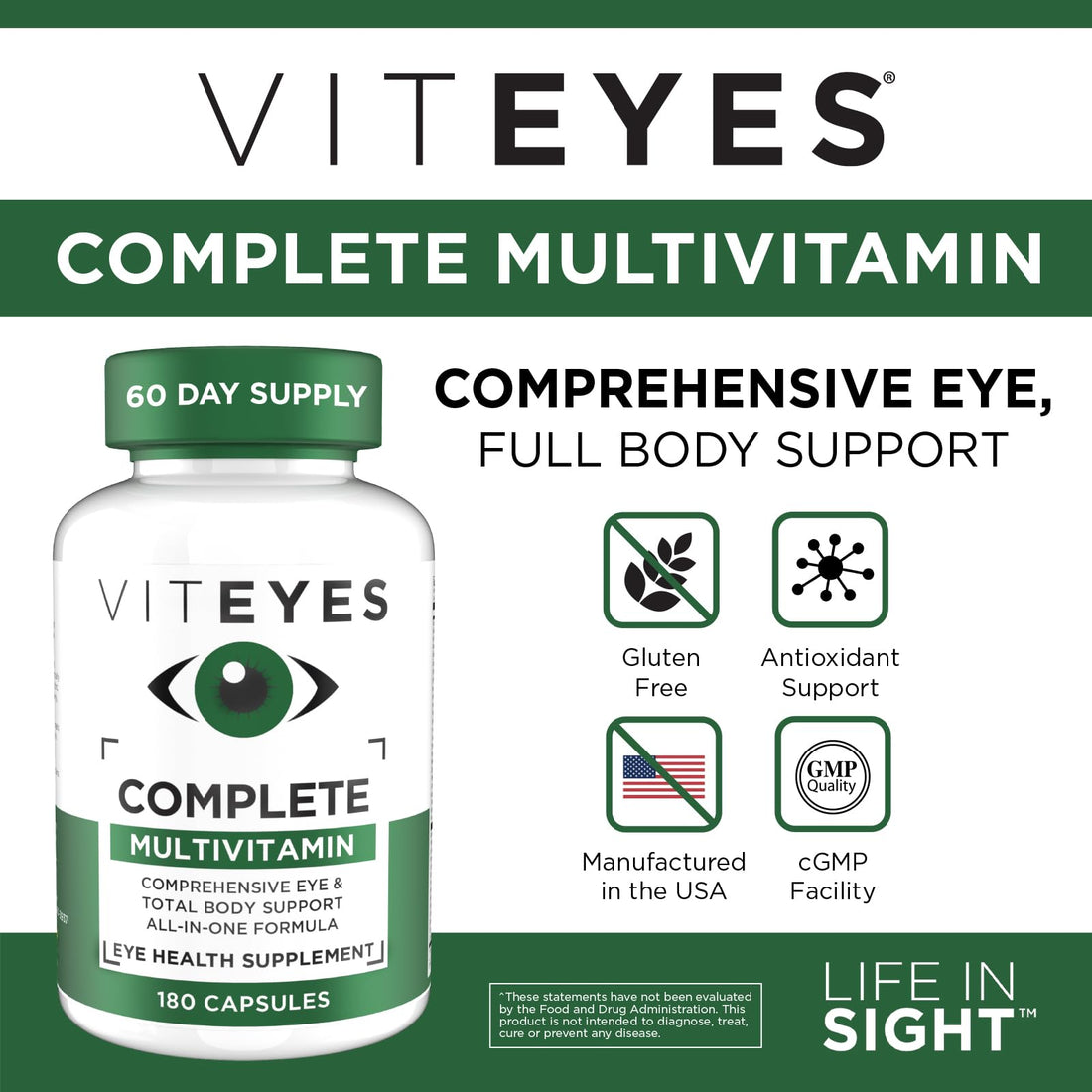 Viteyes Complete Eye & Total Body Health Multivitamin Nutritional Supplement, 180 Capsules, White
