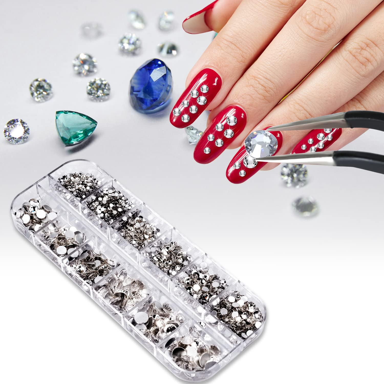 2000PCS Clear Rhinestones, Round Flat Back Gems Gemstones for Crafts Nails, Glass Diamonds with Tweezer and Wax Pencil for Acrylic Nails Face Eye Makeup Clothes Decoration( 6 Sizes, 1.5-6mm)