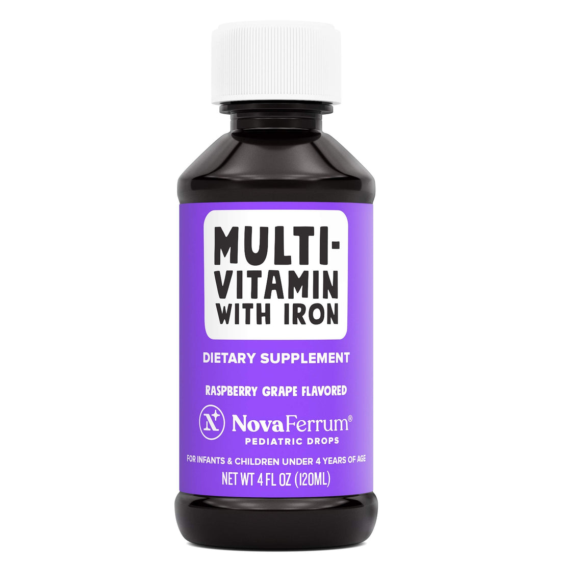 NovaFerrum Yum | Multivitamin with Iron for Infants, Toddlers & Kids | Immune Support | Ages 4 & Under | Gluten Free Certified | Sugar Free | Raspberry Grape | 120 Servings
