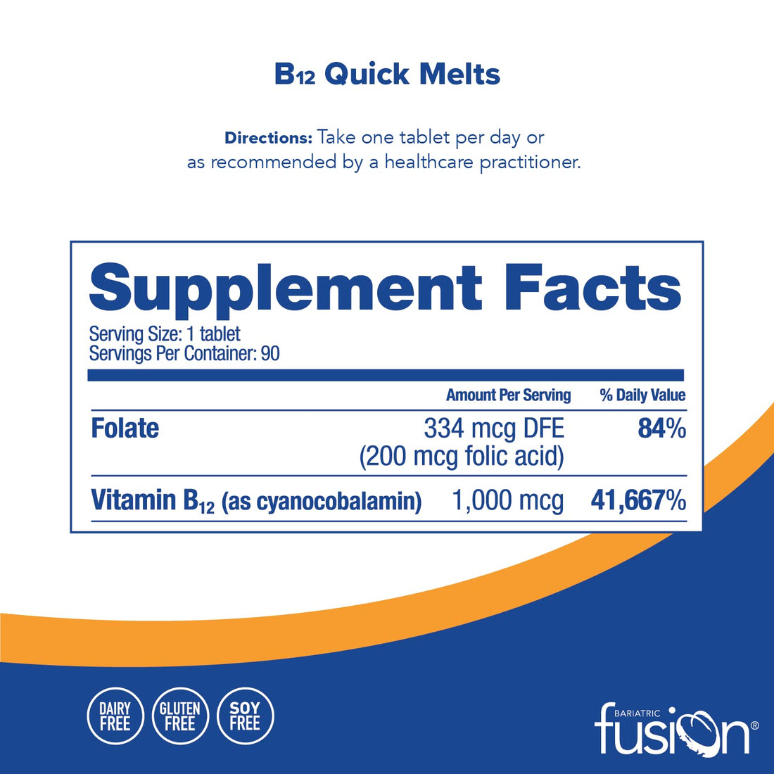Bariatric Fusion Vitamin B12 Melt | Cherry Berry Flavored Tablets | Dissolves On Your Tongue B 12 Vitamin 1000 mcg and Folic Acid | Vegan B12 Vitamins | Gluten, Dairy & Soy Free | 90 Count