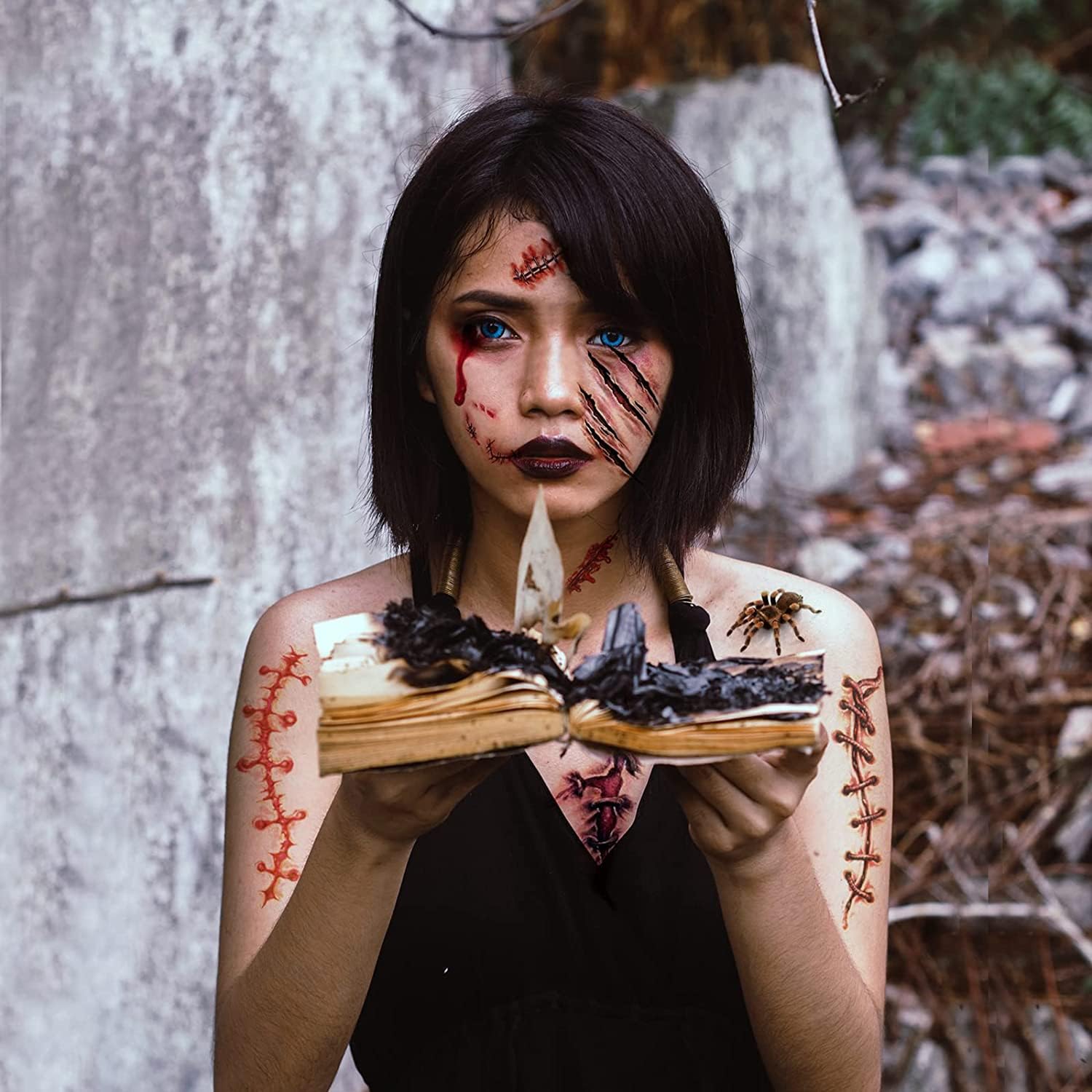 double ideal Halloween Temporary Face Tattoo Sticker 3D Zombie Scar Fake Bloody Wound for Cosplay Party Masquerade Prank Prop Decorations, Waterproof Sweatproof Makeup for Women Man Kids (10sheets)