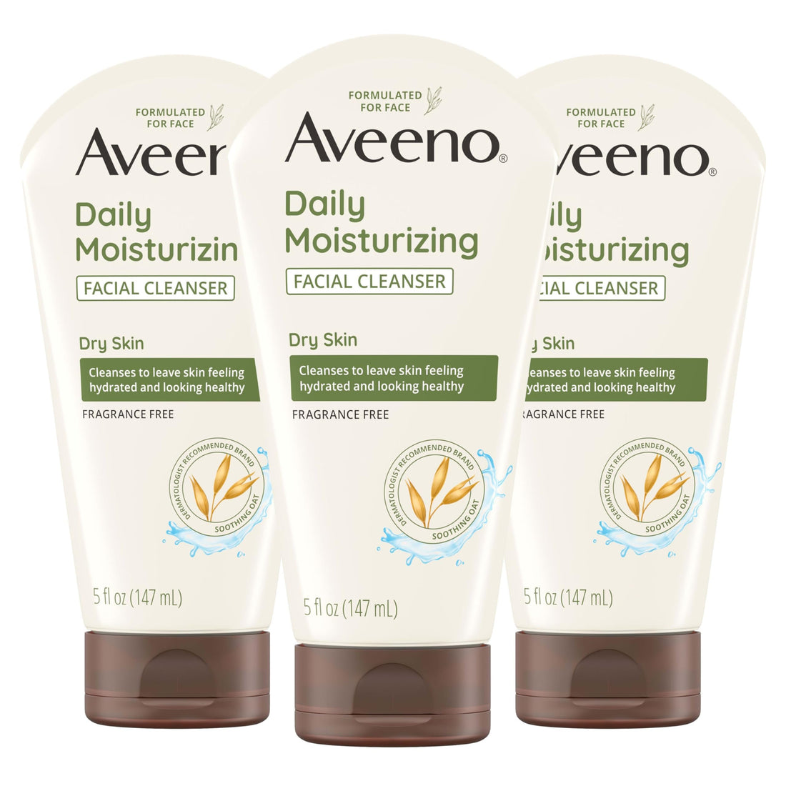 Aveeno Daily Moisturizing Facial Cleanser for Dry Skin, Hydrating Acne Face Wash with Soothing Oat for soft & Supple Skin, Free of Parabens, Sulfates, Fragrance, Dyes & Soaps, 5 fl. oz, 3 Pack