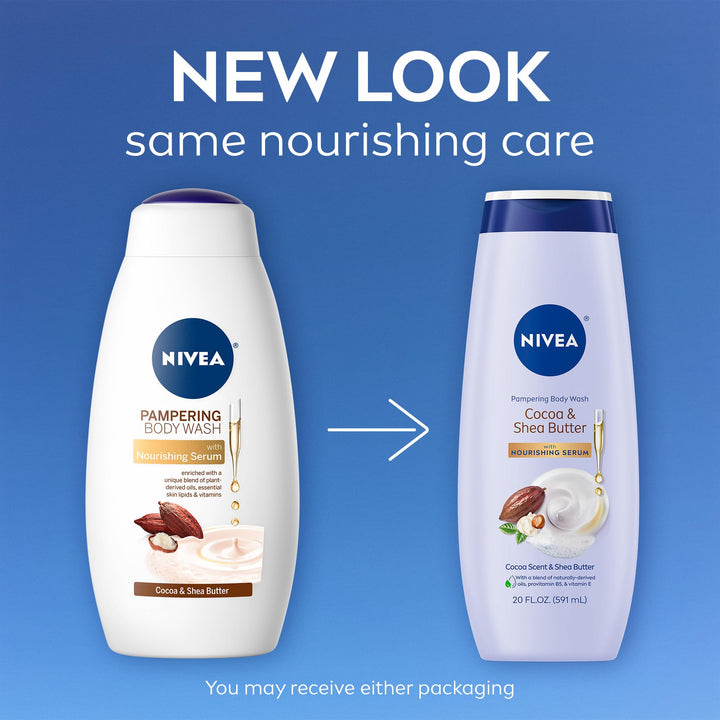 NIVEA Pampering Cocoa and Shea Butter Body Wash with Nourishing Serum, Moisturizing Body Wash for Women, Enriched with Provitamin B5 and Vitamin E, 20 Fl Oz Bottle