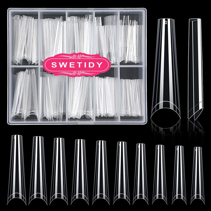 No C Curve Coffin Nail Tips, SWETIDY 200PCS Clear XXL Long Flattened False Nail Tips for Acrylic Nails Professional Half Cover with Case 10 Sizes