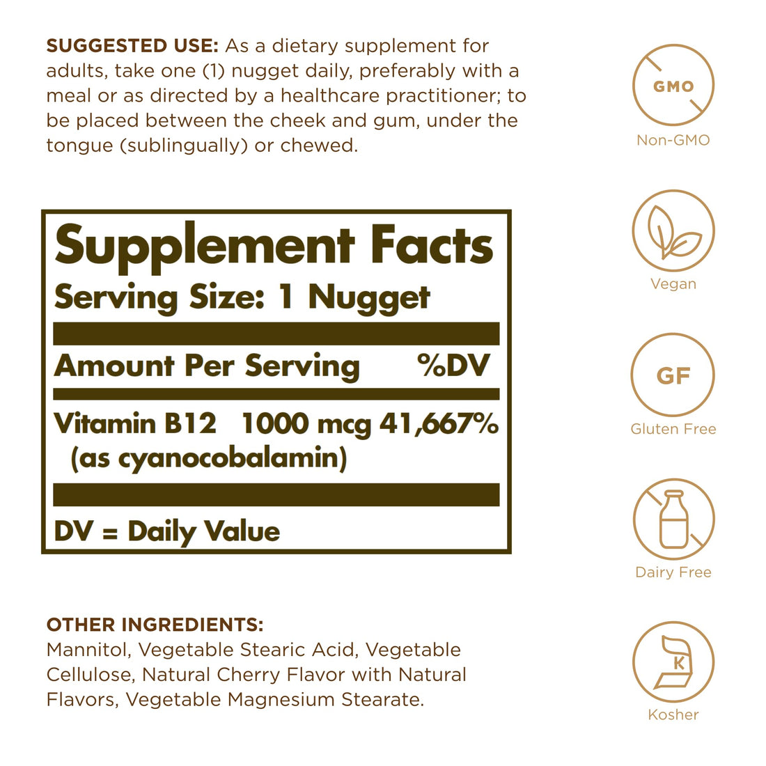 Solgar Sublingual Vitamin B12 1000 mcg - 250 Nuggets, Pack of 2 - Non-GMO, Vegan, Gluten Free, Dairy Free, Kosher - 500 Total Servings