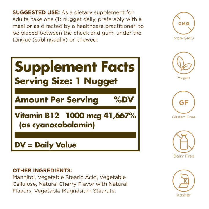 Solgar Sublingual Vitamin B12 1000 mcg - 250 Nuggets, Pack of 2 - Non-GMO, Vegan, Gluten Free, Dairy Free, Kosher - 500 Total Servings