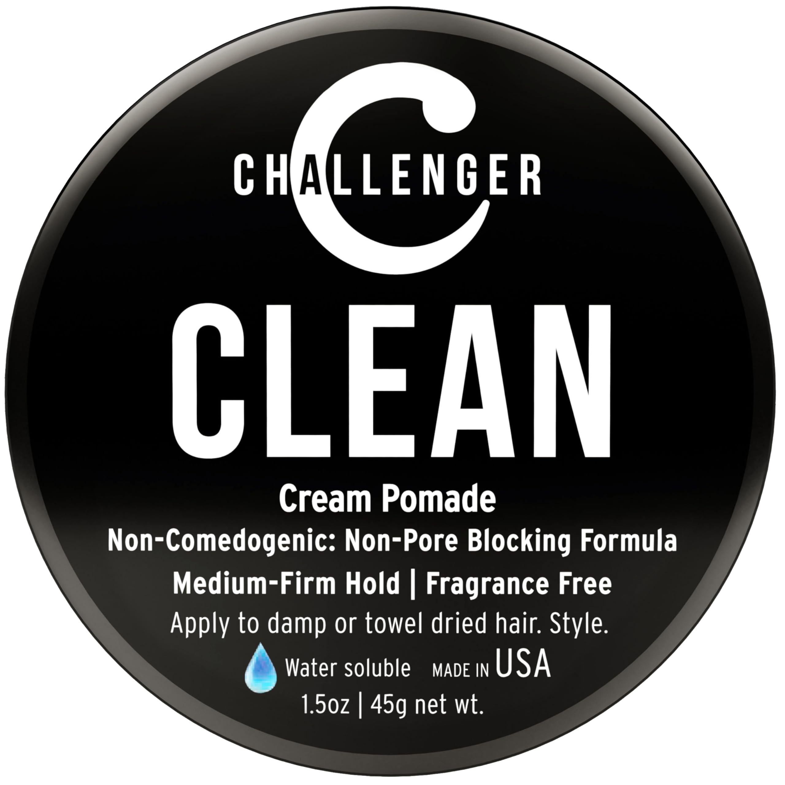 New Matte Cream Pomade - Non-Comedogenic, Fragrance Free - Challenger Clean 3oz - Medium Firm Hold - Non-Pore Blocking, Shine Free, Water Based, Travel Friendly. Hair Wax, Fiber, Paste in 1 (1.5OZ)