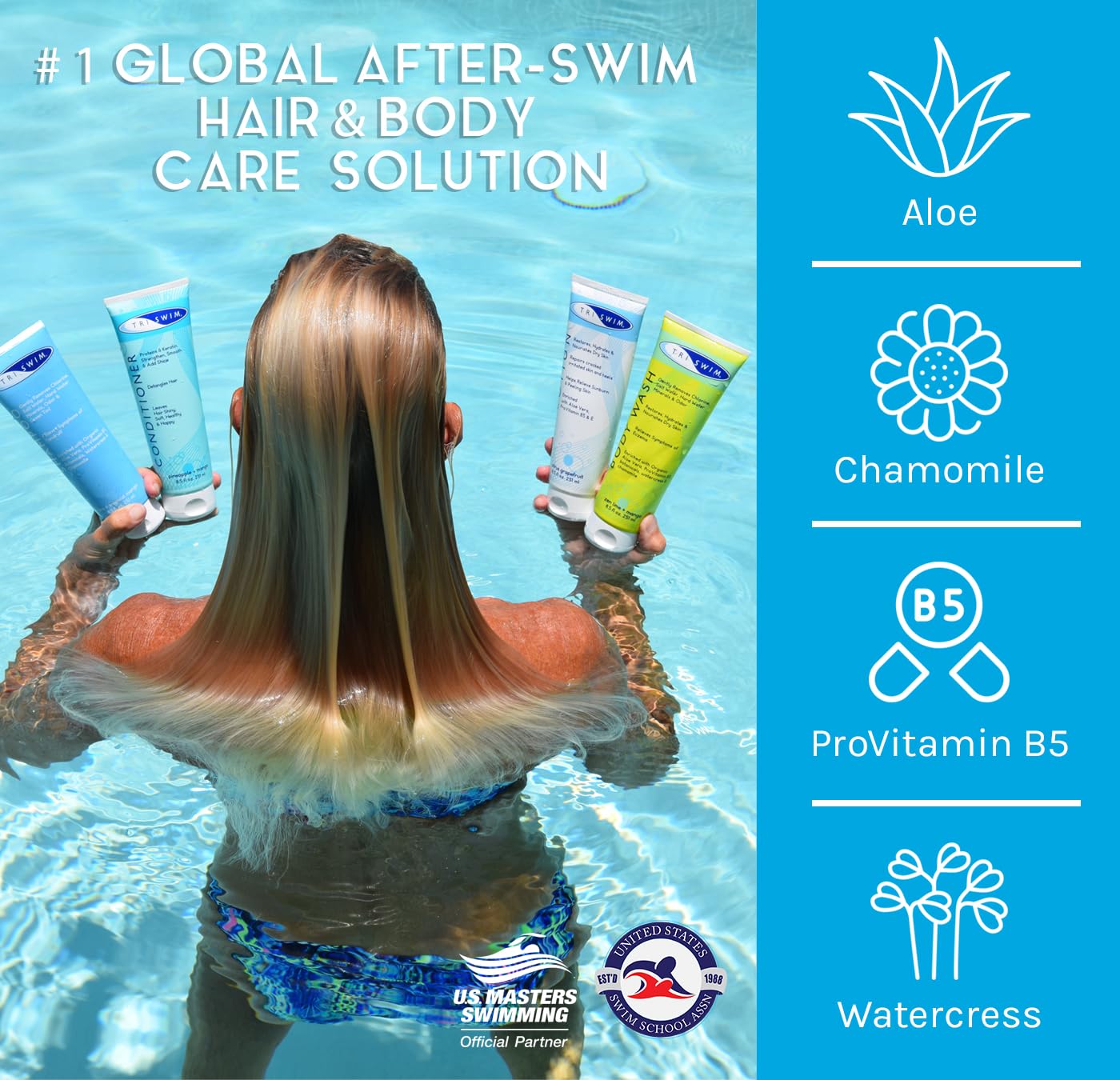 TRISWIM Gift Set Value Pack of 4 + Mesh Bag Travel Kit Swim Care Chlorine Removal Body Wash + Swimmers Shampoo + Conditioner and Lotion 8.5 fl oz for Hydrated Skin and Healthy Hair