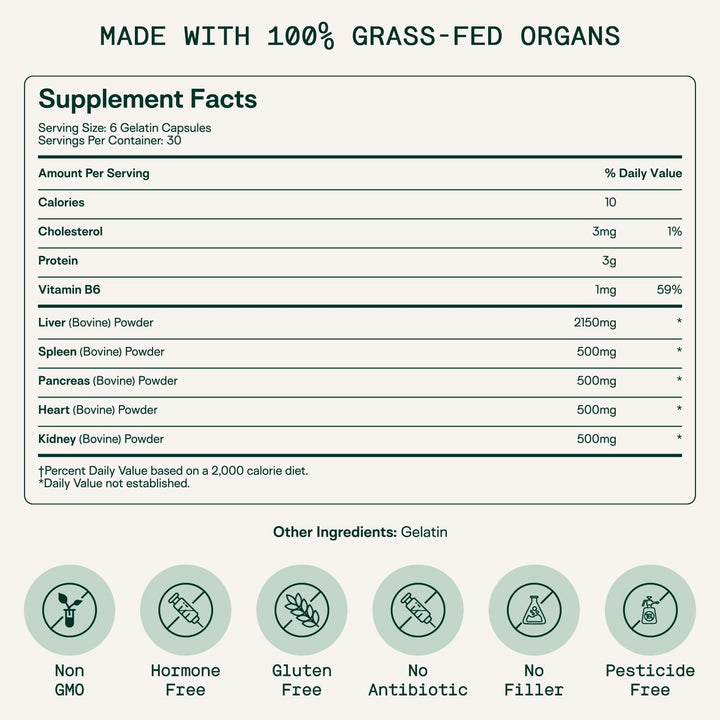 Adapt Naturals Organ Supplement, Bioavailable Grass Fed Beef Liver Capsules, Blend of Liver, Heart, Kidney, Pancreas & Spleen, Support Liver Cleanse Detox & Repair | Source of CoQ10-30 Days Supply