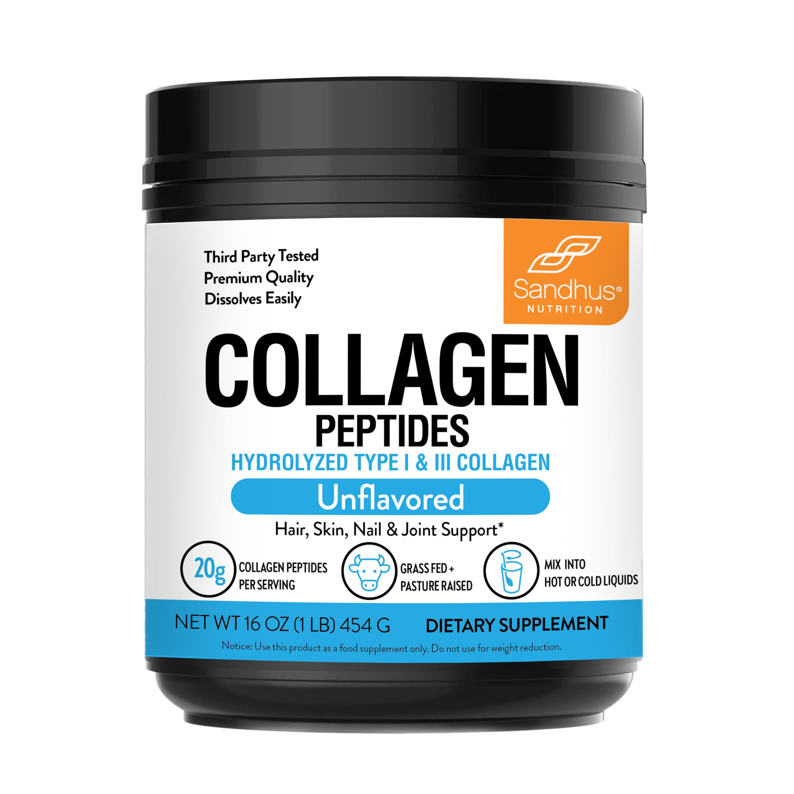 Sandhu's Collagen Peptides Powder|1 lb, 22 Servings Unflavored| Grass-Fed Hydrolyzed Bovine Collagen |Made in USA| Supports Youthful Skin, Hair, Nails, Mobility, Flexibility, Joint & Bone Health