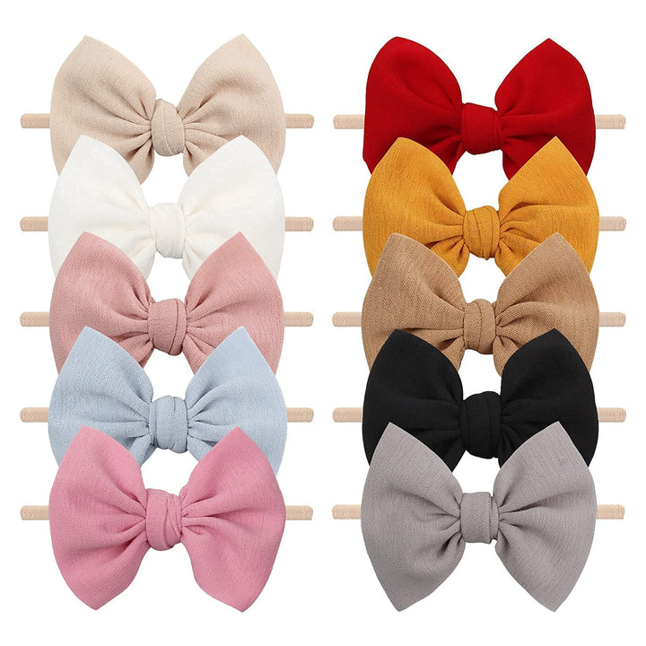 YanJie 4.5'' Nylon Bow Headbands for Baby Girls - Handmade Tied Bows Hair Accessories for Infants and Toddlers - 10 Pieces