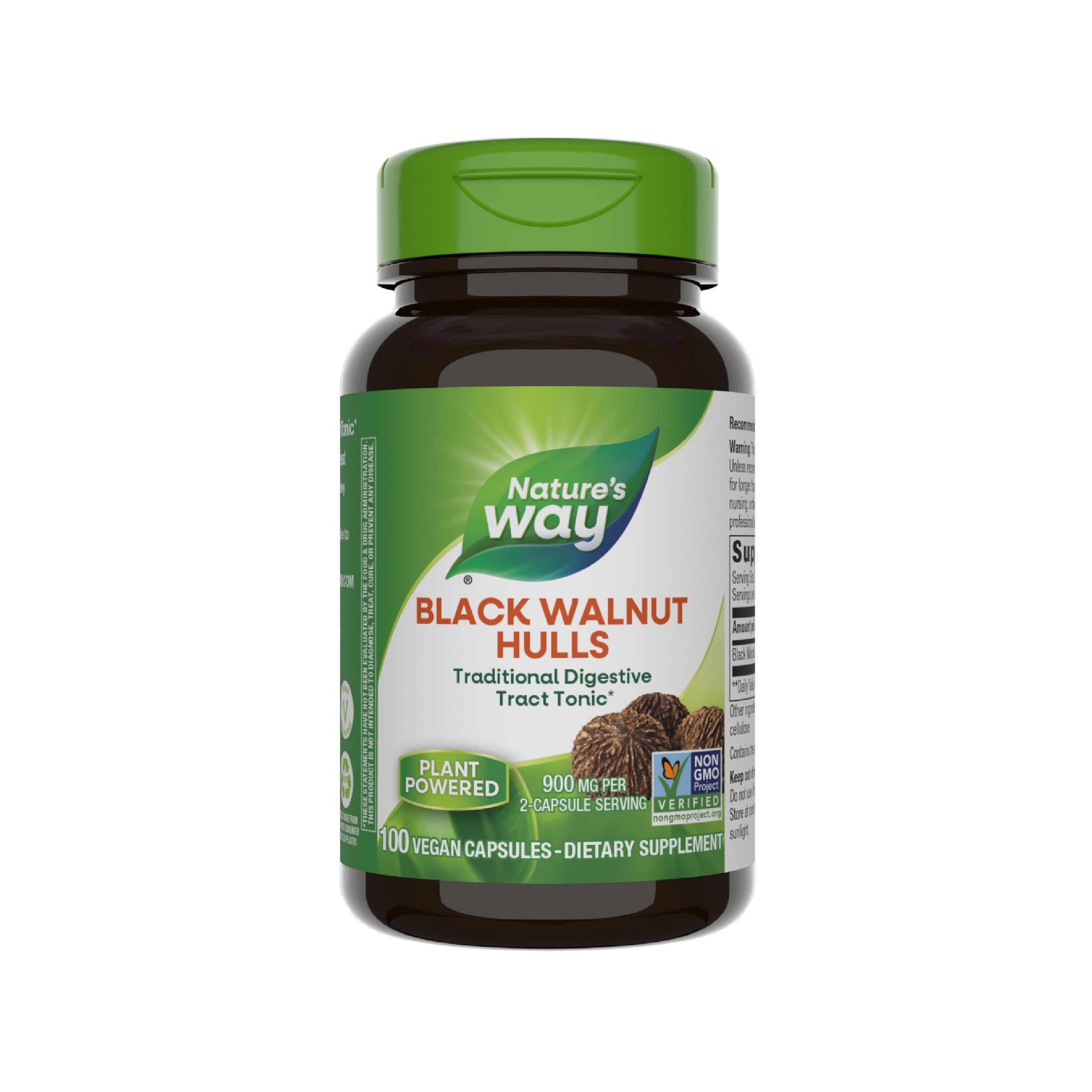 Nature's Way Black Walnut Hulls, Traditional Digestive Tract Tonic*, 900 mg per 2-Capsule Serving, Non-GMO Project Verified, Vegan, 100 Capsules (Packaging May Vary)