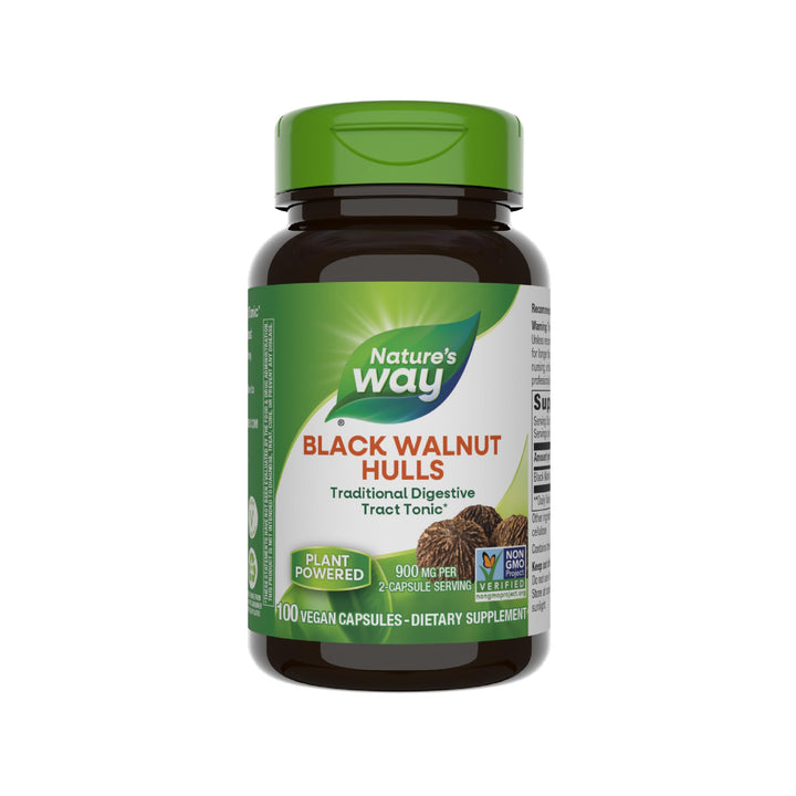 Nature's Way Black Walnut Hulls, Traditional Digestive Tract Tonic*, 900 mg per 2-Capsule Serving, Non-GMO Project Verified, Vegan, 100 Capsules (Packaging May Vary)