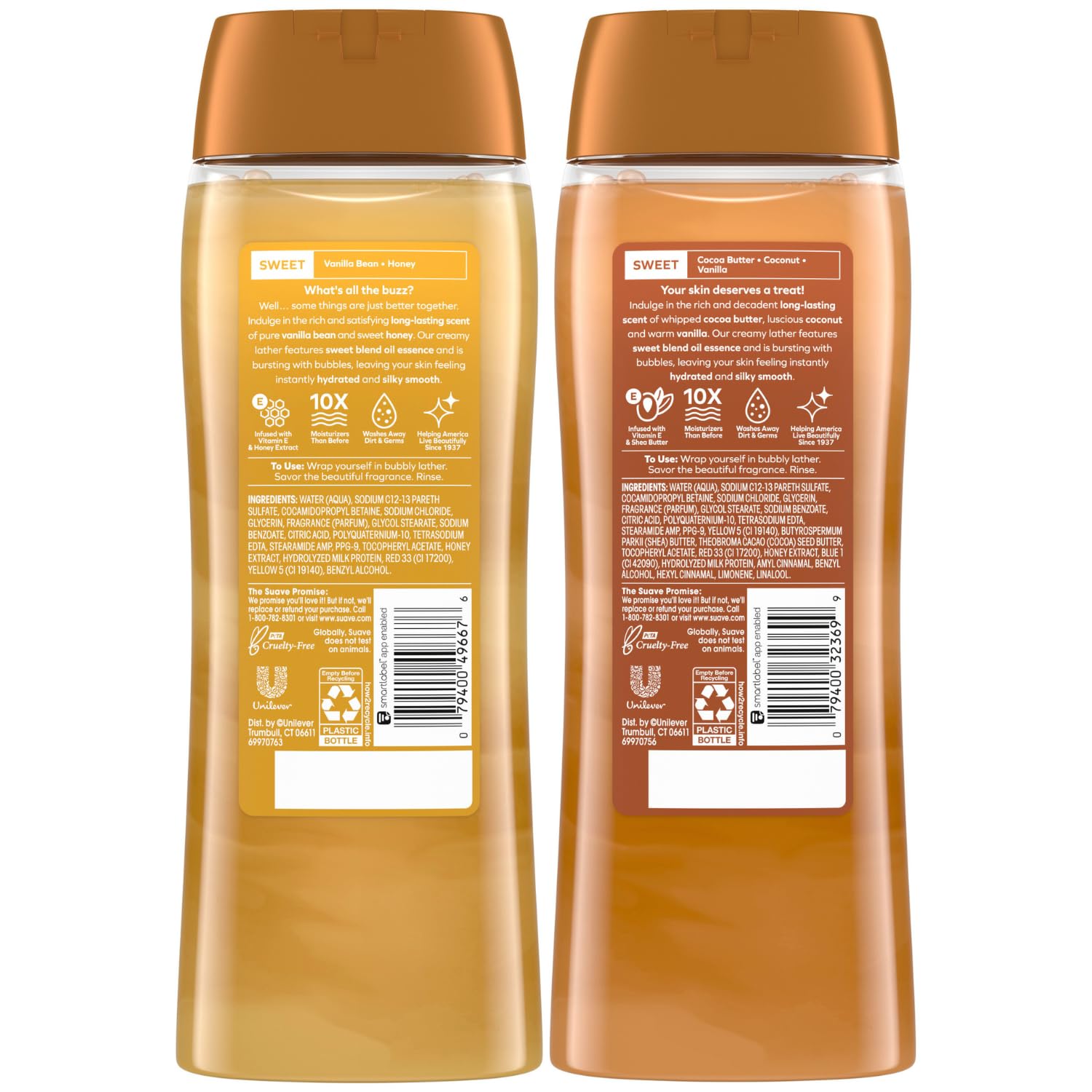 Suave Body Wash Variety 2-Pack, Milk & Honey + Cocoa Butter & Shea – Gentle Body Washes with Sweet Blend Oil Essence, 18 Oz Ea