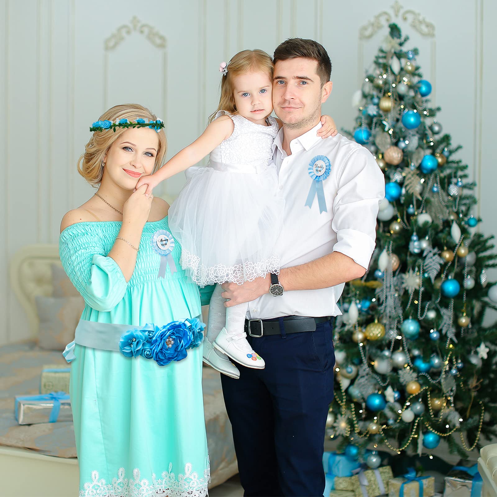 Xinnun 5 Pcs Baby Shower Maternity Sash Kit Shoulder Sash and Pin Daddy Corsages Flower Crown Pregnancy Sash Rose Wreath Headdress for Baby Shower Pregnancy Parents Prop Present Party Favor(Blue)