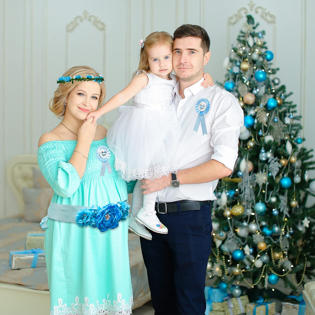 Xinnun 5 Pcs Baby Shower Maternity Sash Kit Shoulder Sash and Pin Daddy Corsages Flower Crown Pregnancy Sash Rose Wreath Headdress for Baby Shower Pregnancy Parents Prop Present Party Favor(Blue)