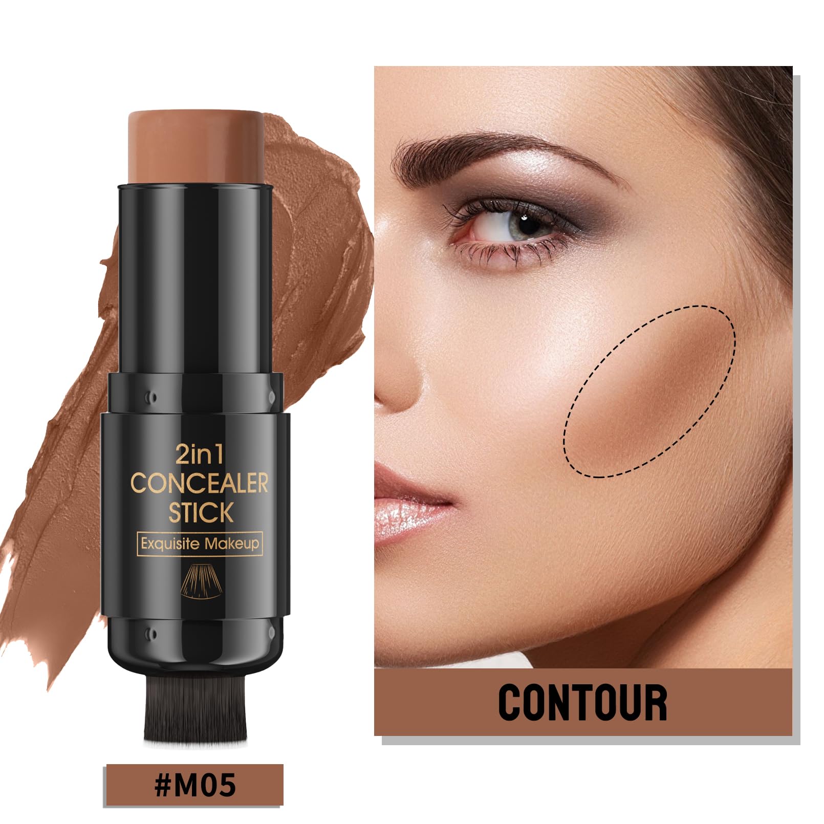 2 In 1 Cream Contour Stick Makeup with Built-In Brush, Makeup Concealer Stick for Women, Long Lasting, Waterproof, Matte (#05)