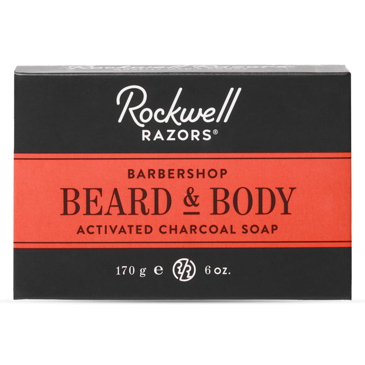 Rockwell Beard & Body Bar Soap - Barbershop Scent - All-Natural with Activated Charcoal, Shea Butter and Jojoba Oil, Organic Coffee Exfoliant - 6oz