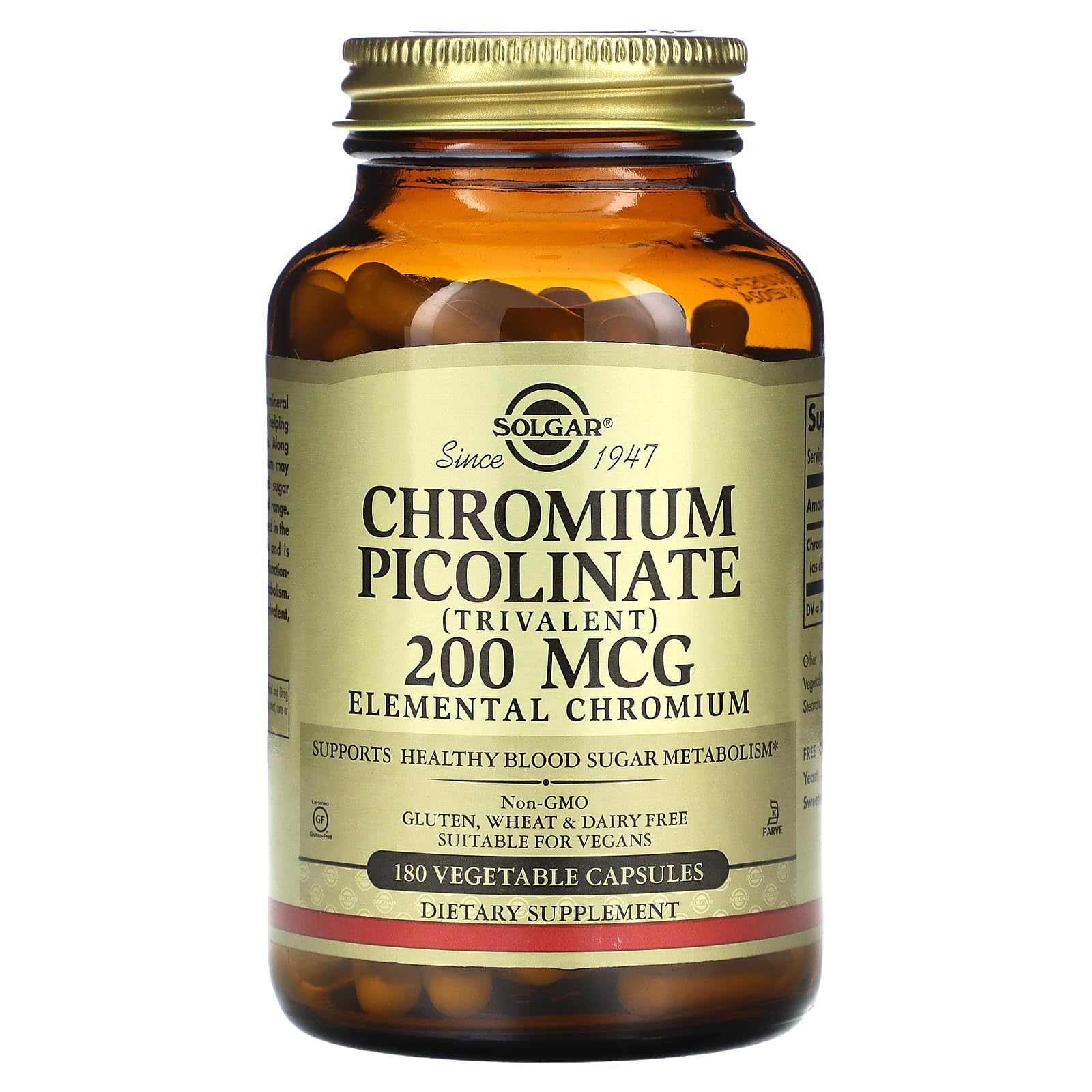 Solgar Chromium Picolinate 200 mcg, 180 Vegetable Capsules - Supports Healthy Blood Sugar Metabolism - Non-GMO, Vegan, Gluten Free, Dairy Free, Kosher - 180 Servings