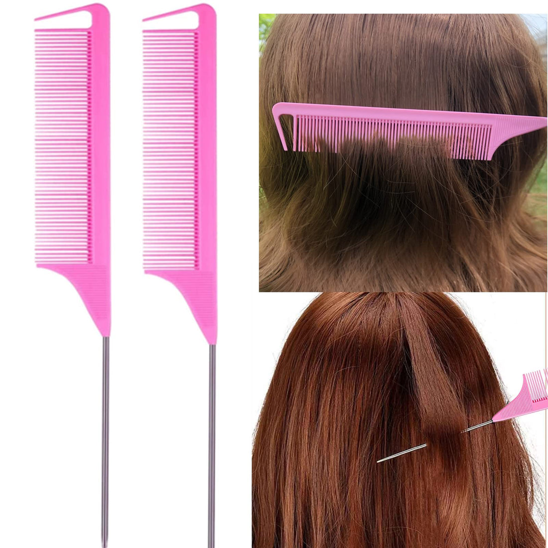 ZVOREI 8Pcs Hair Brushes Set with 4Pcs Topsy Hair Tail Tools 1Pcs Bristle Teasing Hair Brush 1Pcs Edge Control Brush 2Pcs Metal Pin Rat Tail Combs for Woman Girl Styling,Edge&Back Brushing Pink