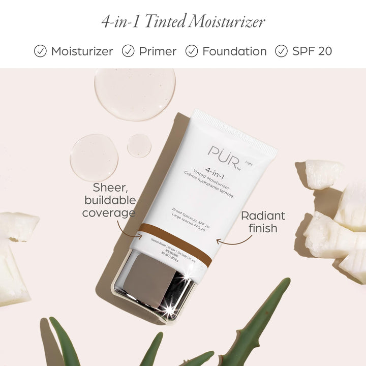 PÃƒÅ“R 4-in-1 Tinted Moisturizer With SPF 20 - Hydrating Face Moisturizer, Primer, & Foundation With Shea Butter, Aloe Vera & Vitamin B3 - Vegan Friendly - Free of Paraben, Gluten & BPA - Dark Almond