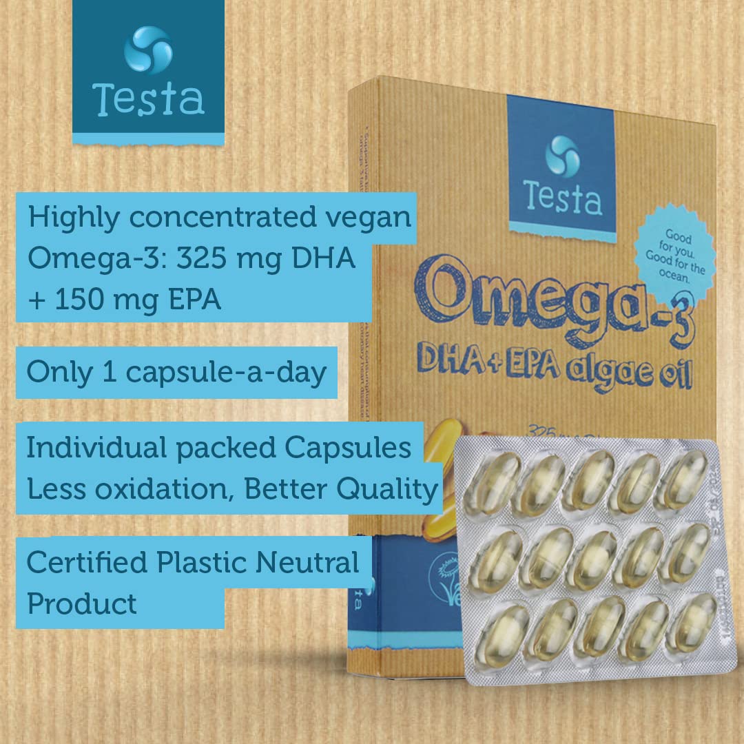 Testa Omega-3 Supplement - Vegan Based Omega 3 DHA EPA Capsules from Algae - Omega 3 Fatty acids - Supports Heart, Brain & Joint Health - Plastic Negative, RTG, and Kosher - Two Months Supply
