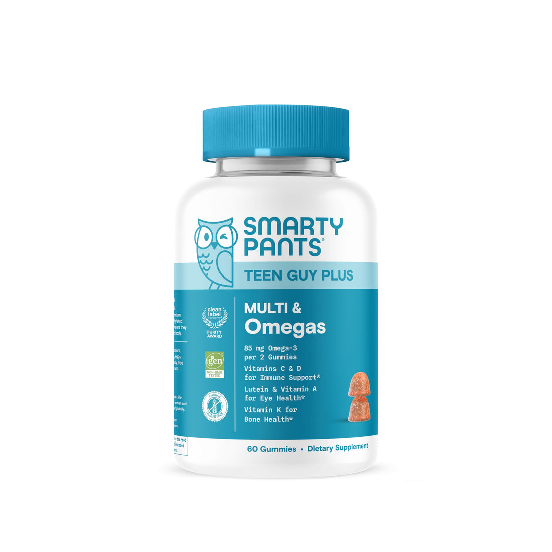 SmartyPants Teen Guy Multivitamin Gummies - Improved Formula: Omega 3 (DHA/EPA), Vitamin D3, C, Vitamin B12, B6, A, K & Zinc, Folate, Gluten Free, Fruit Flavor, 60 Count (30 Day Supply)