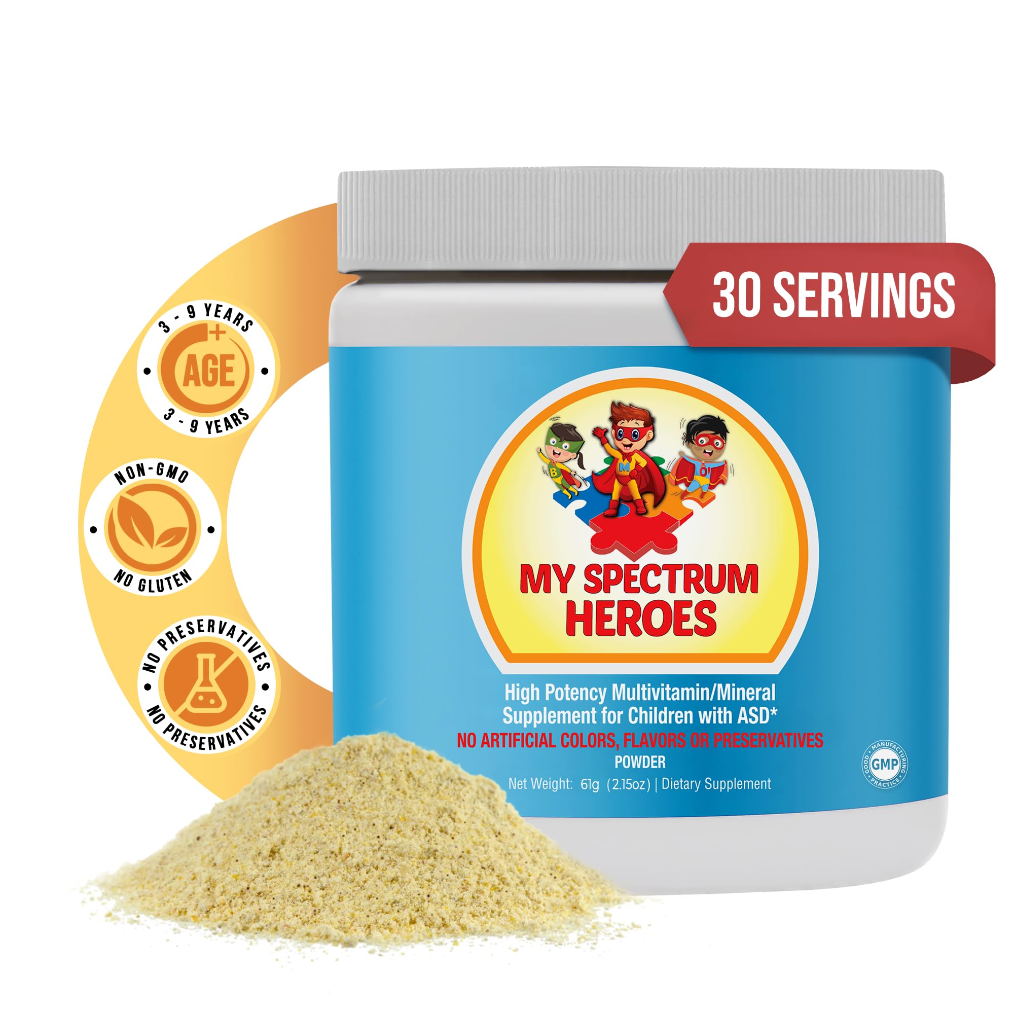 My Spectrum Heroes Kids Powder Multivitamin - Easy to Mix Powder Supplement, Better Absorption, Non-GMO, Non-Gluten, No Artificial Ingredients - Neural Help for Children on The Spectrum - 30 Servings