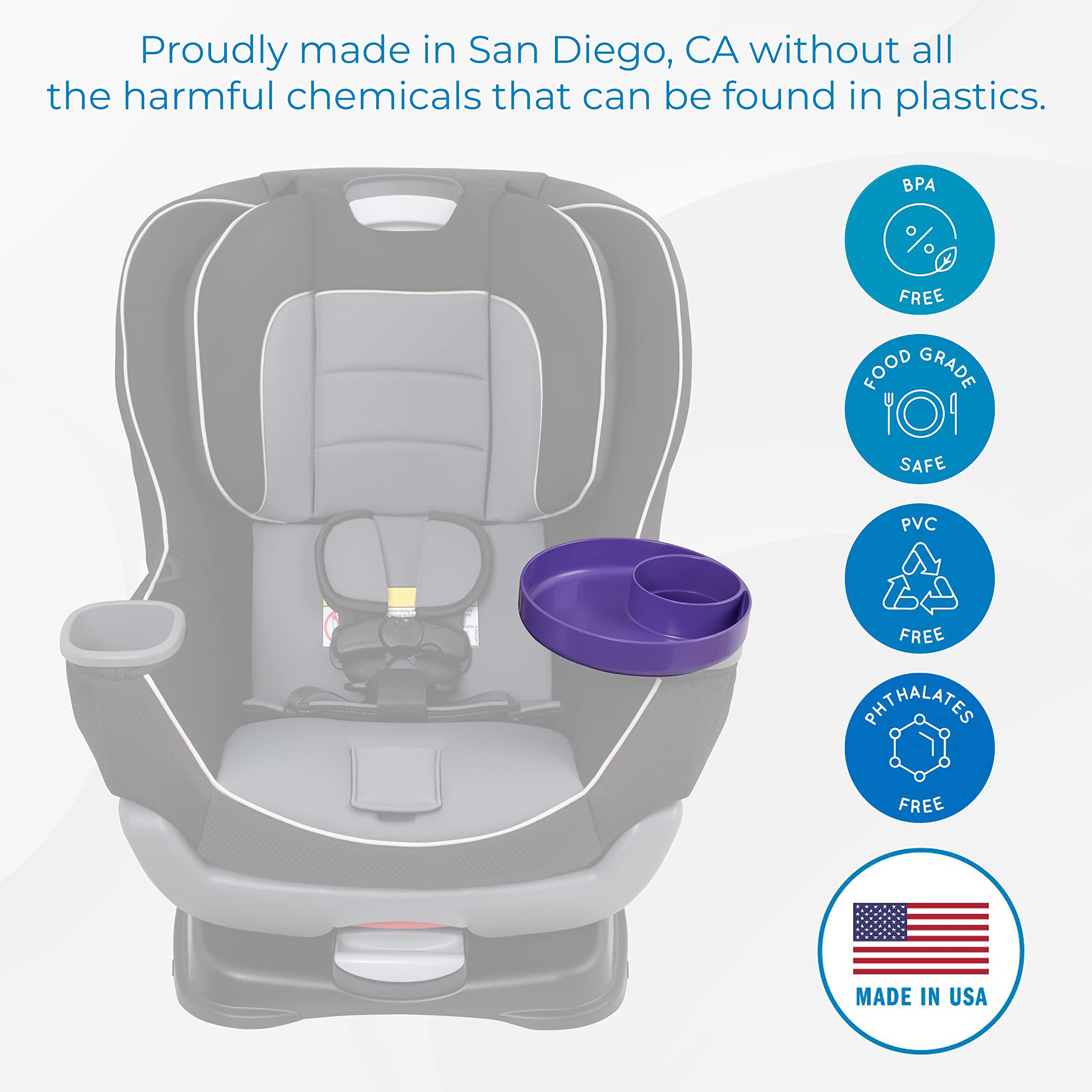 Travel Tray Round, USA Made Easily Convert Your existing Cup Holder to a Tray and Cup Holder for use in a Car Seat, Booster, Stroller, Golf Cart and Anywhere You Have a Cup Holder! Purple