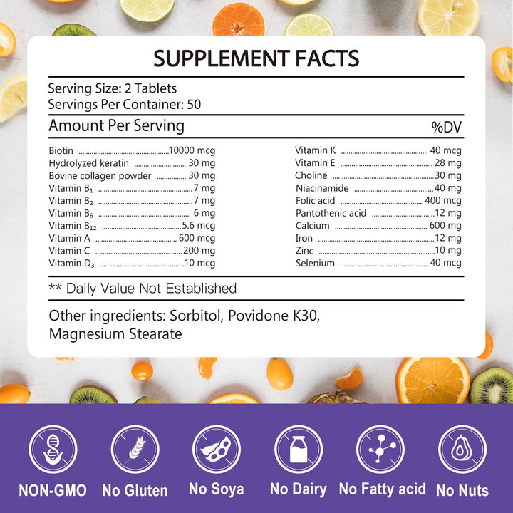 KFG Biotin 10000mcg, Women’s Multivitamin-Mineral, with Keratin, Collagen, Calcium, Niacinamide & Vitamins A, B, D, C, E, for Women Hair, Skin, Nail & Bone Health, 100 Tablets.