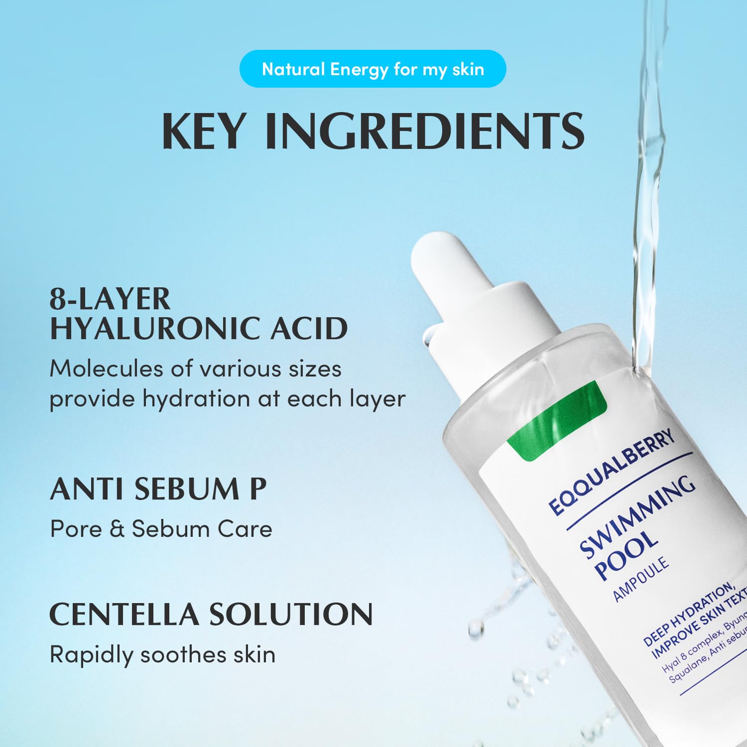 EQQUALBERRY Swimming Pool Ampoule - Hyaluronic Acid Serum for Glass Skin | Deep Hydration and Soothing with CICA Extracts | Korean Skin Care Serum, 1.69 Fl. Oz. 50ml