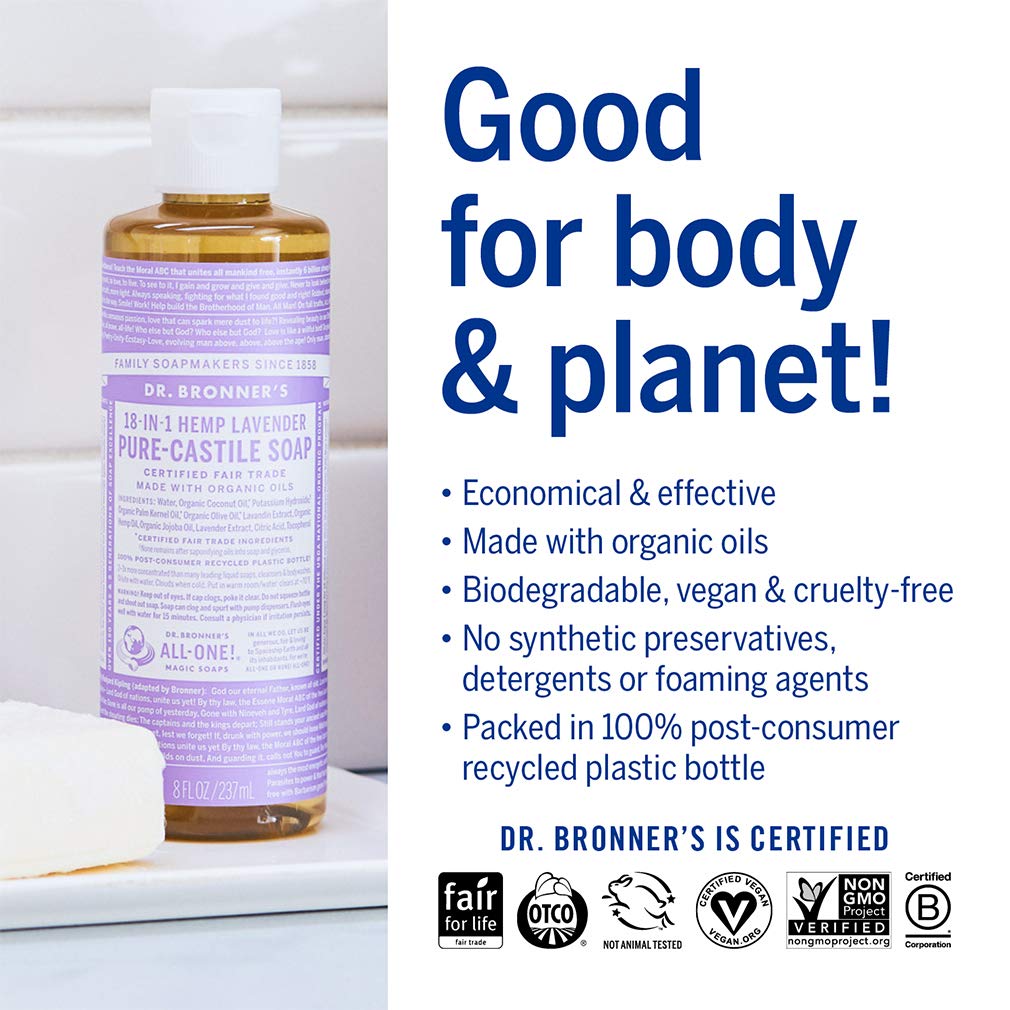 Dr. Bronnerââ‚¬â„¢s - Pure-Castile Liquid Soap (Lavender, 8 ounce) - Made with Organic Oils, 18-in-1 Uses: Face, Body, Hair, Laundry, Pets and Dishes, Concentrated, Vegan, Non-GMO
