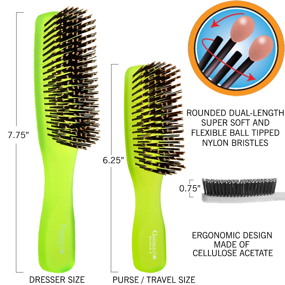 Giorgio GION1-2G Set Neon Gentle Styling Hair Brush Dresser & Purse Size, Wet & Dry Pro Detangler, Soft for Sensitive Scalp, For Men Women & Kids All hair lengths, Durable and Anti-Static