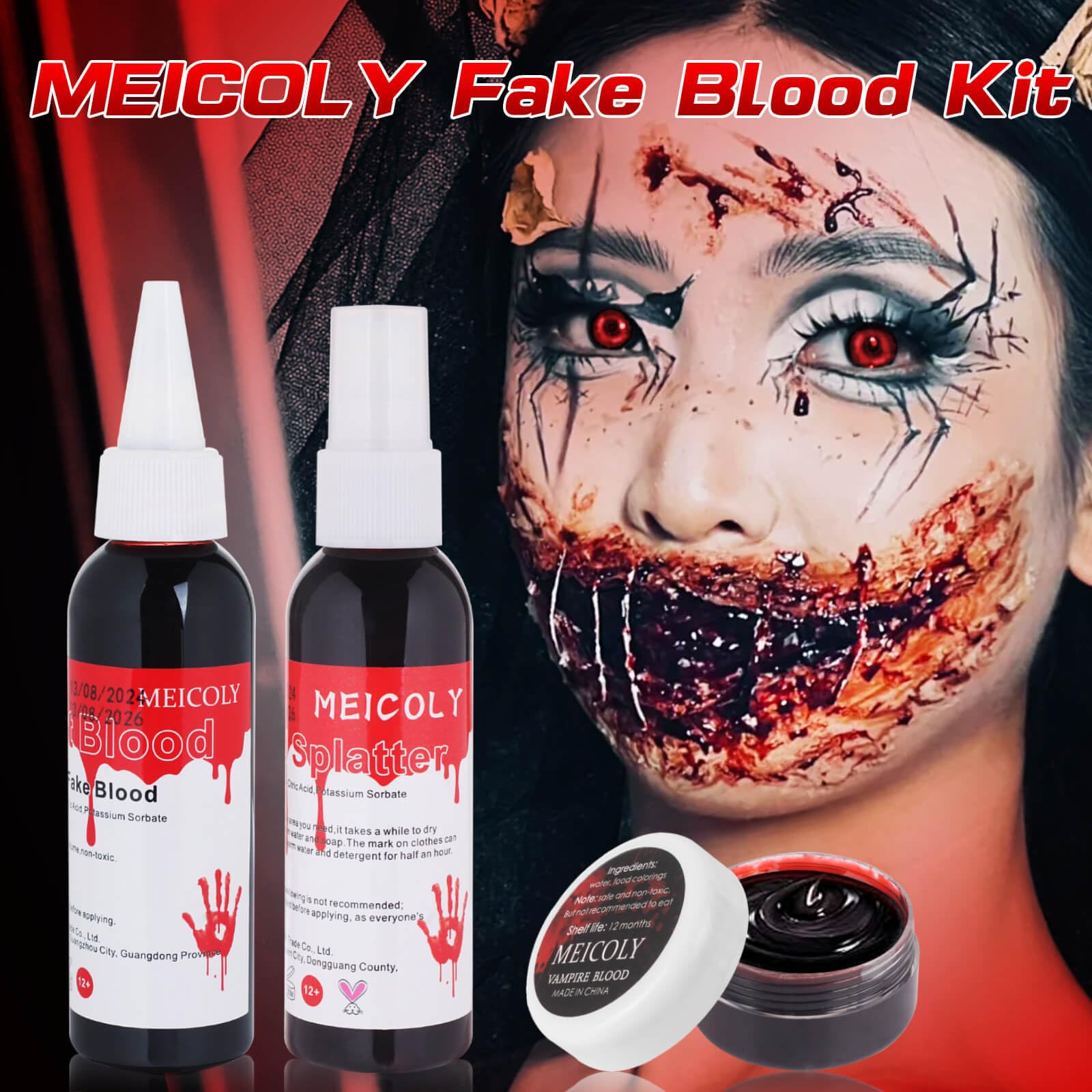 MEICOLY 4PCS Halloween Fake Blood Makeup Kit,Special Effects SFX Makeup Set for Zombie Vampire Monster Cosplay,2.1oz Fake Blood Spray+2.1oz Dripping Blood+1.06oz Coagulated Blood+Stipple Sponge
