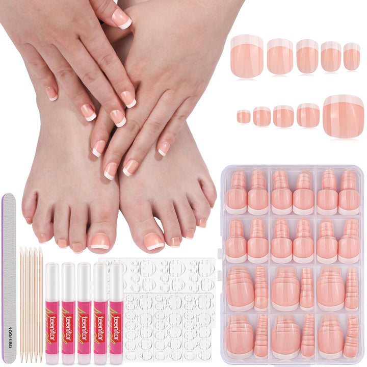 Teenitor Press-On Nails - 6 Sets Short Square Nails, French Tip, Glue-Ons