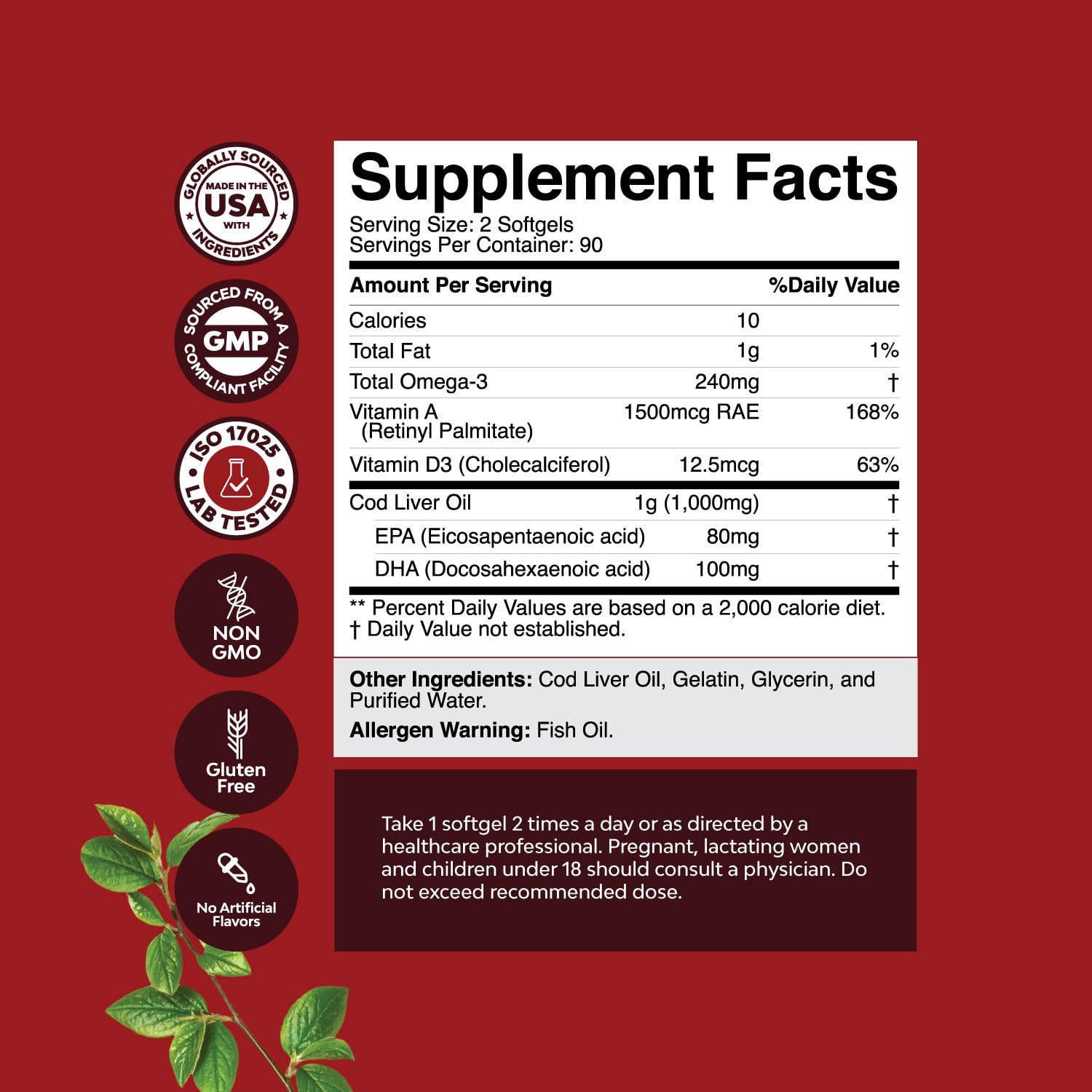 Icelandic Cod Liver Oil Softgels - Wild Caught EPA DHA Omega 3 Fish Oil 1000mg per serving - Sustainably Sourced Burpless Fish Oil Supplement with Vitamin D3 & A for Heart Joint Brain & Immune Support