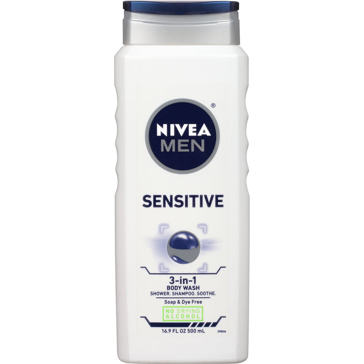 NIVEA Men Sensitive 3-in-1 Body Wash - Shower, Shampoo and Refresh, Soap and Dye-Free For Sensitive Skin - 16.9 fl. oz. (Pack of 3)