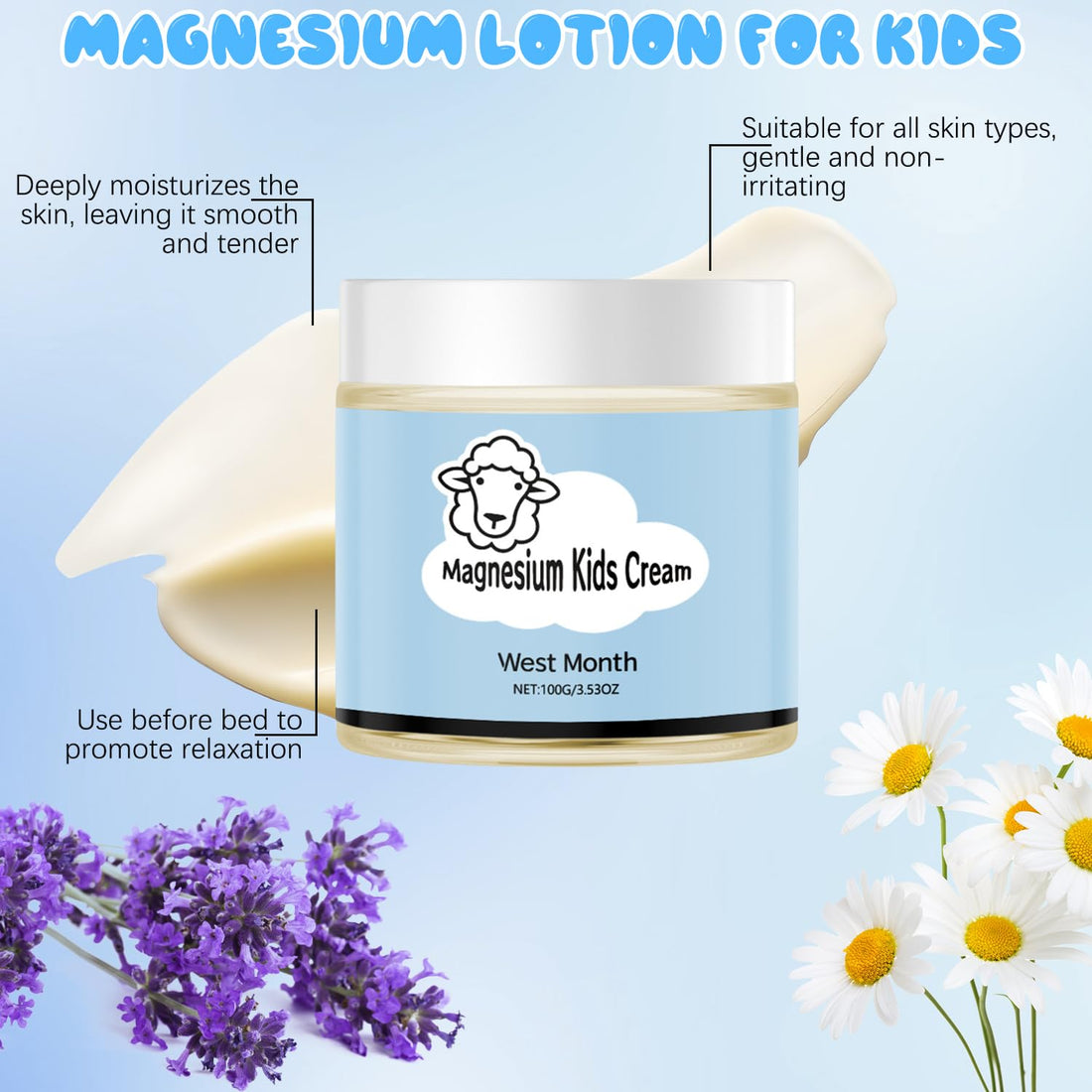 TFSUDI 2Pcs Magnesium Lotion for Kids, Juniors Bedtime Lotion By 8 Sheep Kids, Magnesium L otion For Sleep, Gentle Natural Calming Cream for Restful Sleep, Relaxation (200g/7.06oz)