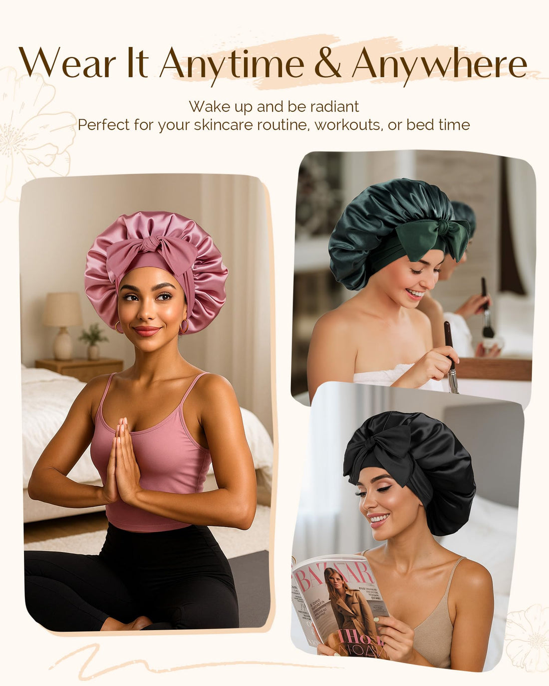 YANIBEST Satin Silk Bonnet for Sleeping Women, Double Layer Hair Bonnet with Elastic Tie Band for Curly Natural Hair, Black