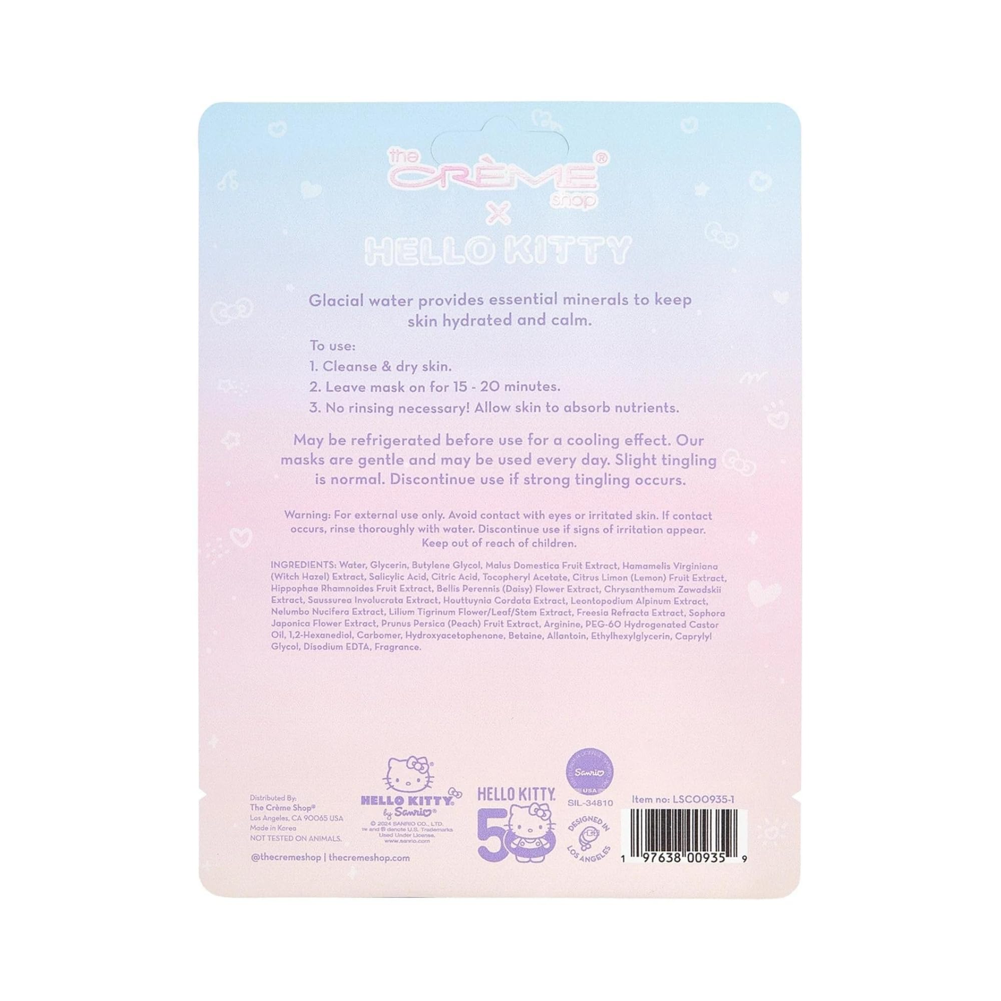 The Crème Shop x Hello Kitty Look So Cool Printed Essence Sheet Mask, Infused with Hydrating and Cooling Glacial Water, Korean Face Mask - 50th Year Anniversary Limited Edition (Pack of 1)