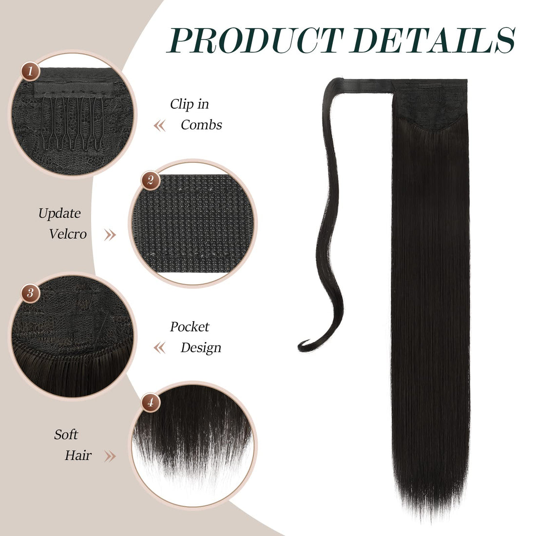 FESHFEN Straight Ponytail Extensions 28 Inch Long Wrap Around Synthetic Hair Piece Clip in Ponytail Hair Extensions Hairpiece for Women Girls 150g