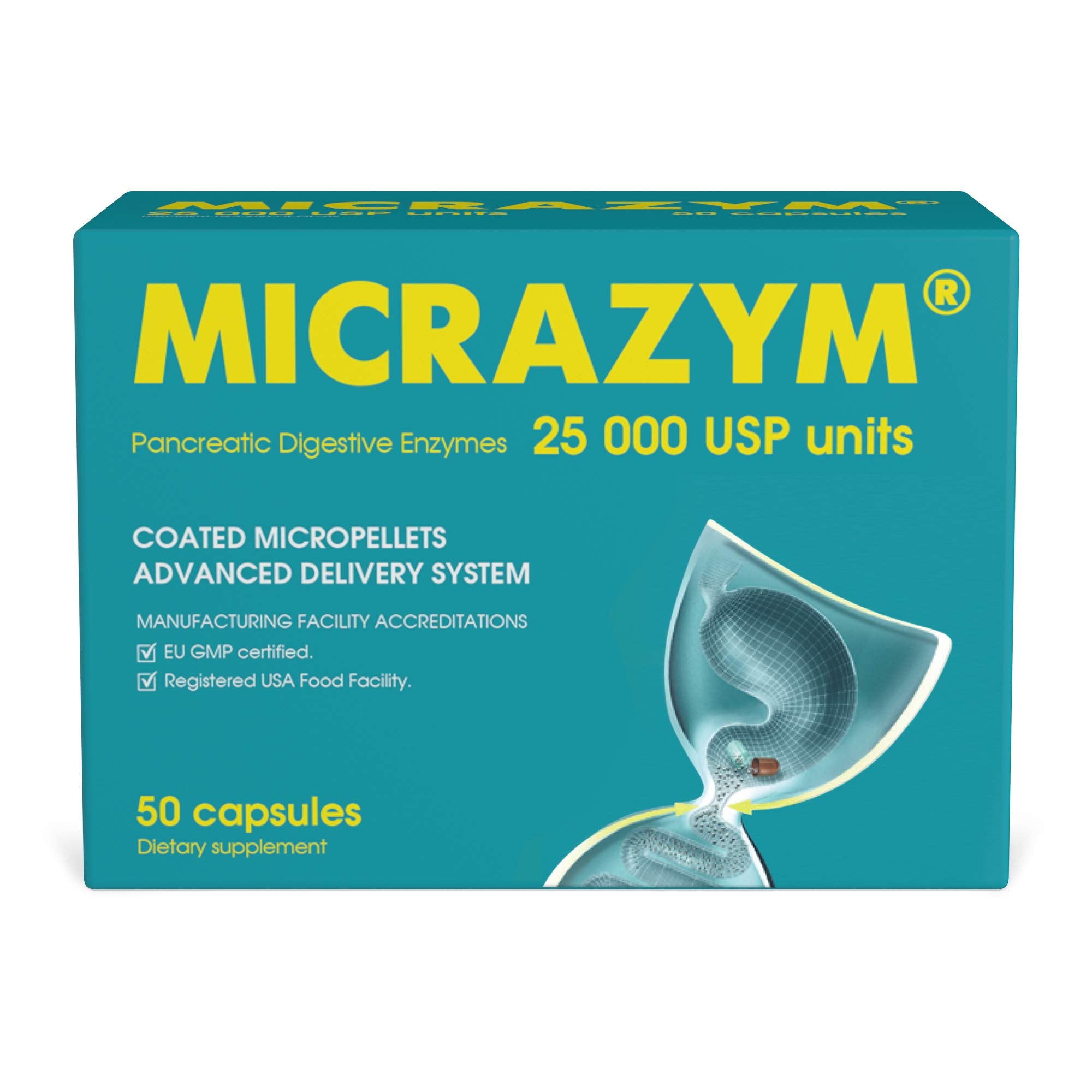 Micrazym AVVA Pharm Pancreatic Enzymes - 25,000 USP Effective Pancreatic Enzyme Supplements - Digestive Enzymes for Digestion - 50 Fast-Acting Capsules with Amylase, Lipase and Protease