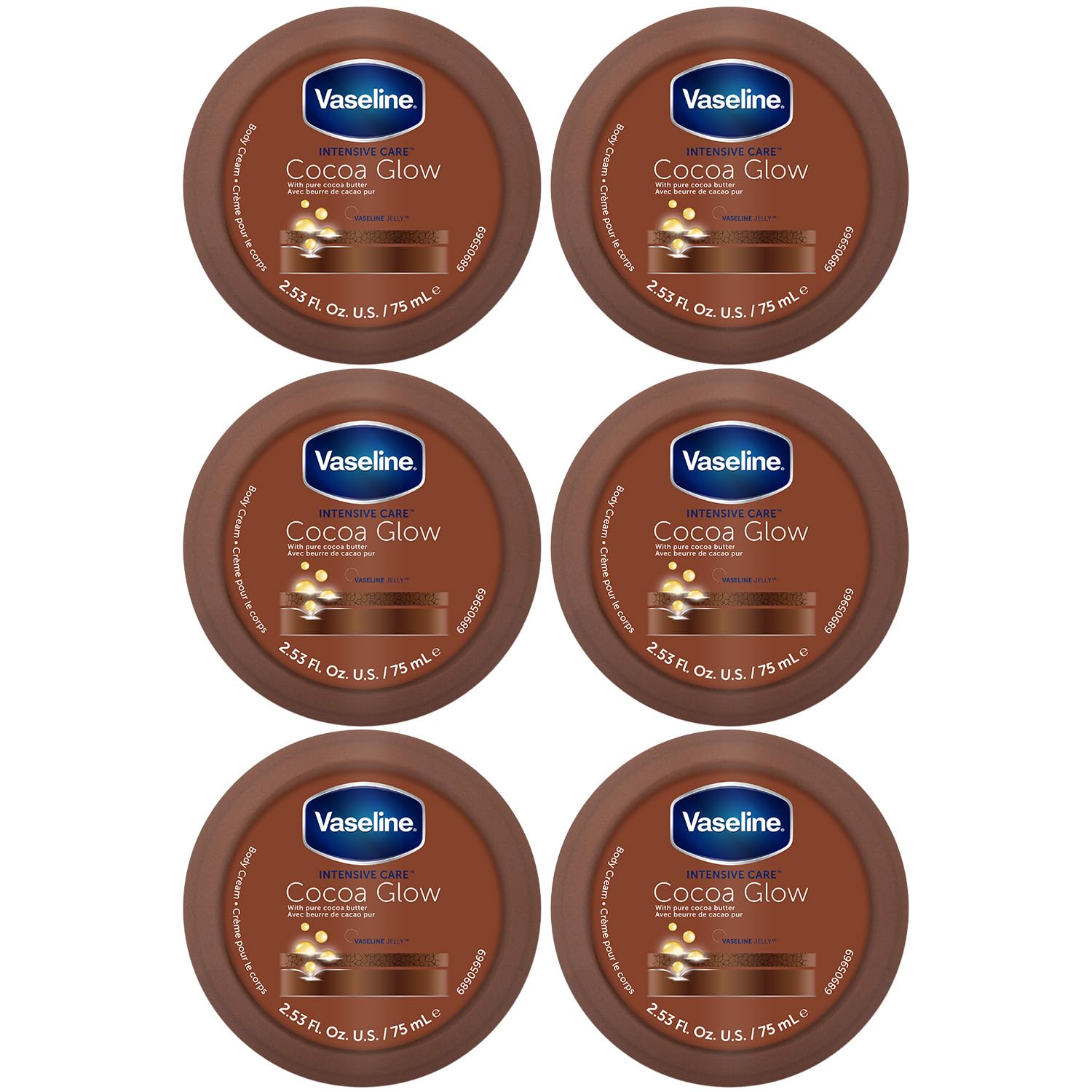 Vaseline Cocoa Glow Body Cream 6-Pack – Pure Cocoa Butter 48H Moisturizing Cream for Dry Skin, Travel-Size, 2.53 Fl Oz Ea