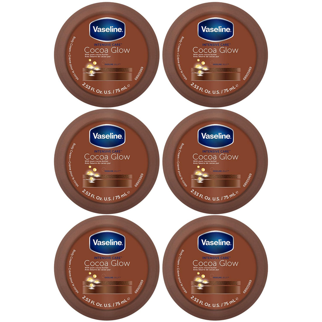 Vaseline Cocoa Glow Body Cream 6-Pack – Pure Cocoa Butter 48H Moisturizing Cream for Dry Skin, Travel-Size, 2.53 Fl Oz Ea